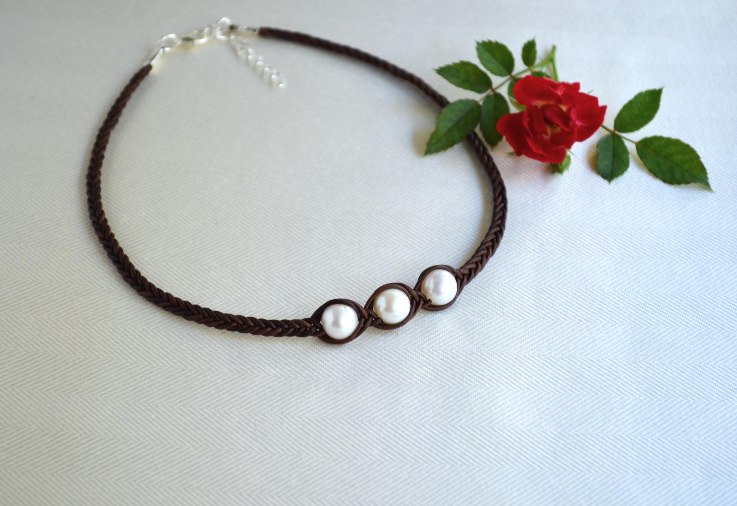 Three Freshwater Pearls Braided Leather Necklace: Elegant Boho Jewelry
