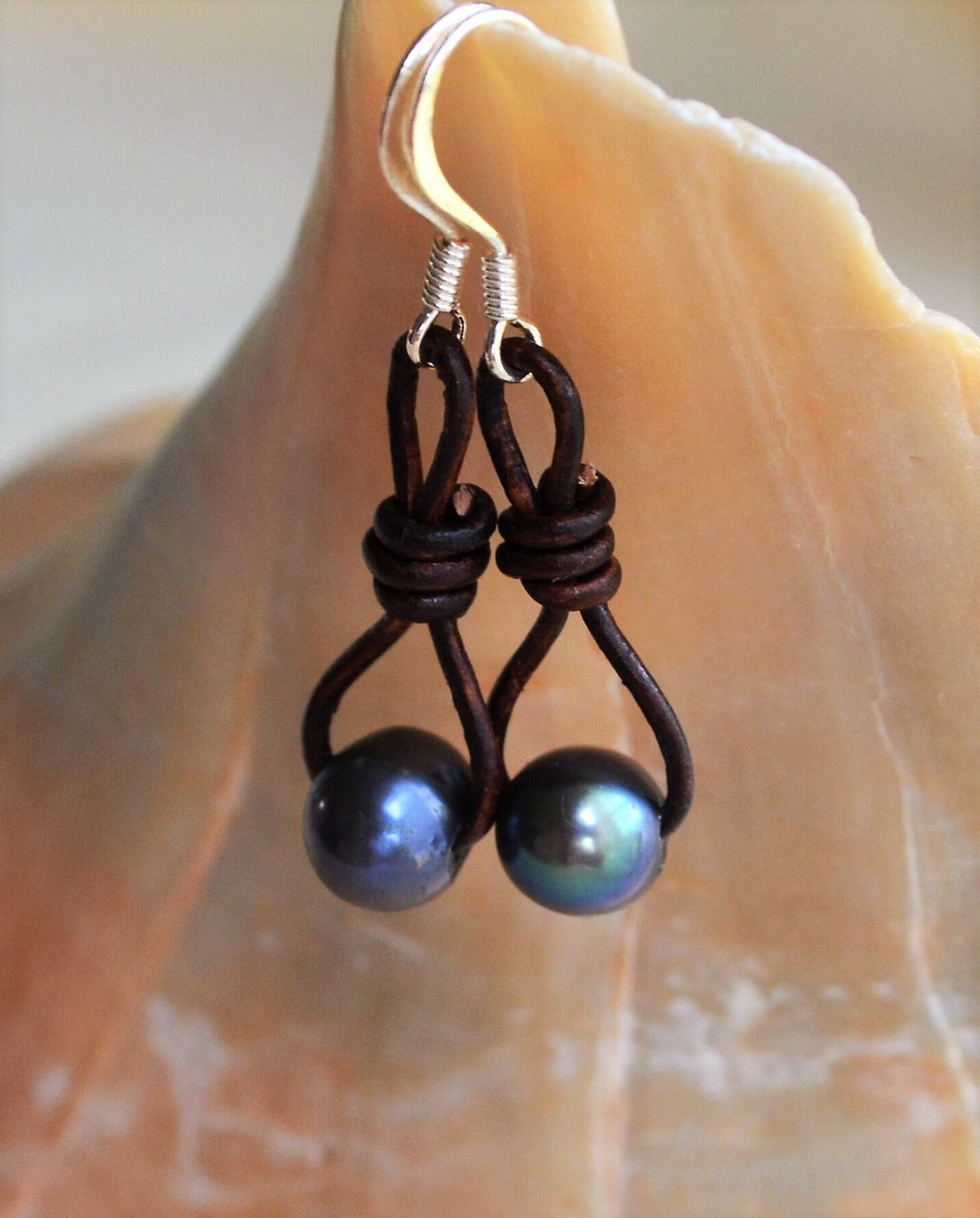Knotted Leather Earrings: Peacock Blue Freshwater Pearls, Boho Style