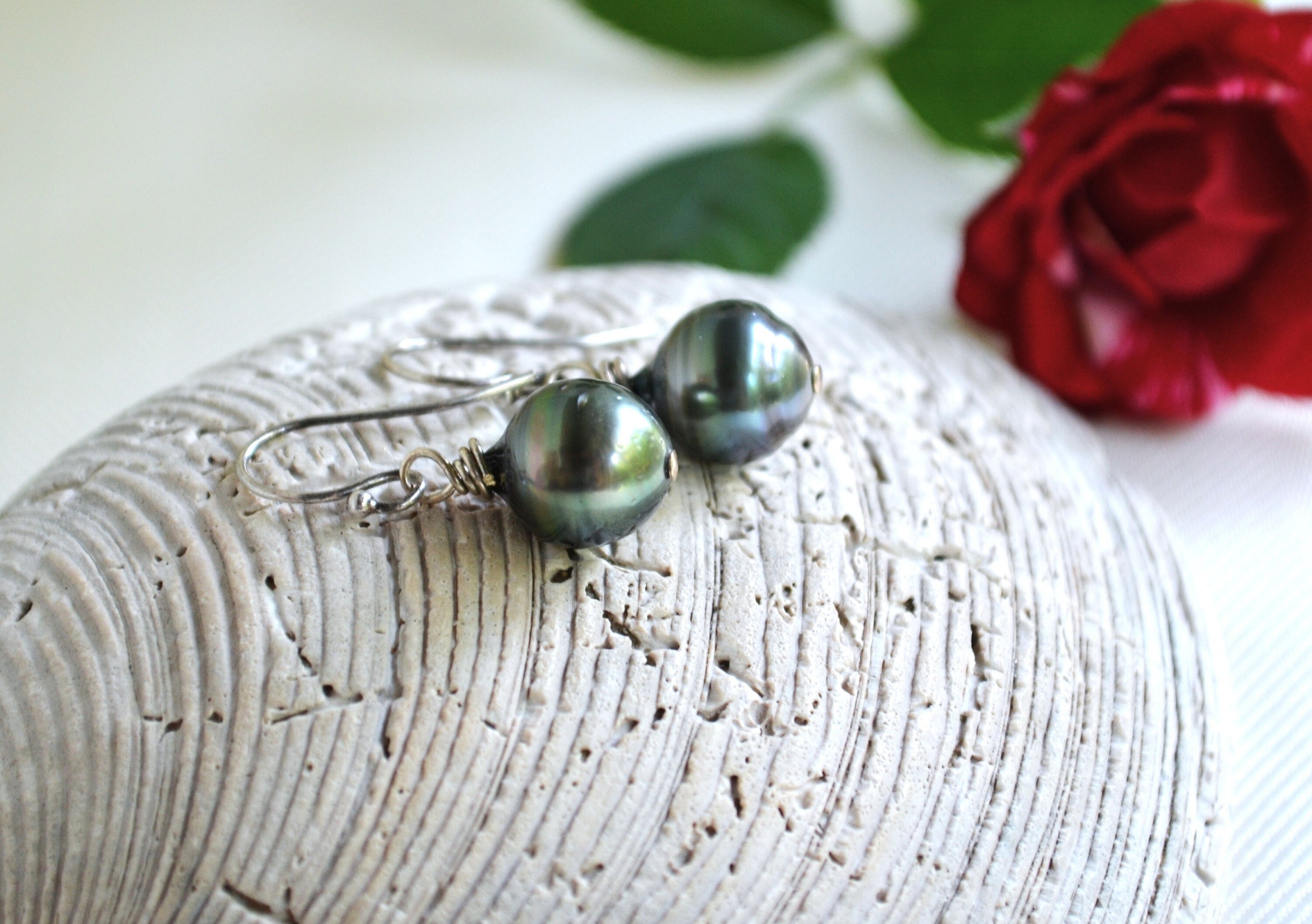 Tahitian Pearl Dangle Earrings: Sterling Silver, Handmade Jewelry
