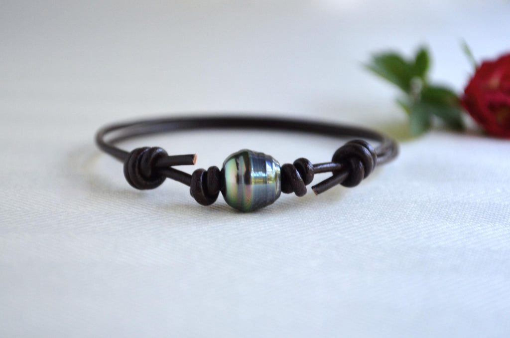 Tahitian Pearl Bracelet: Brown Greek Leather Adjustable Unisex Jewelry