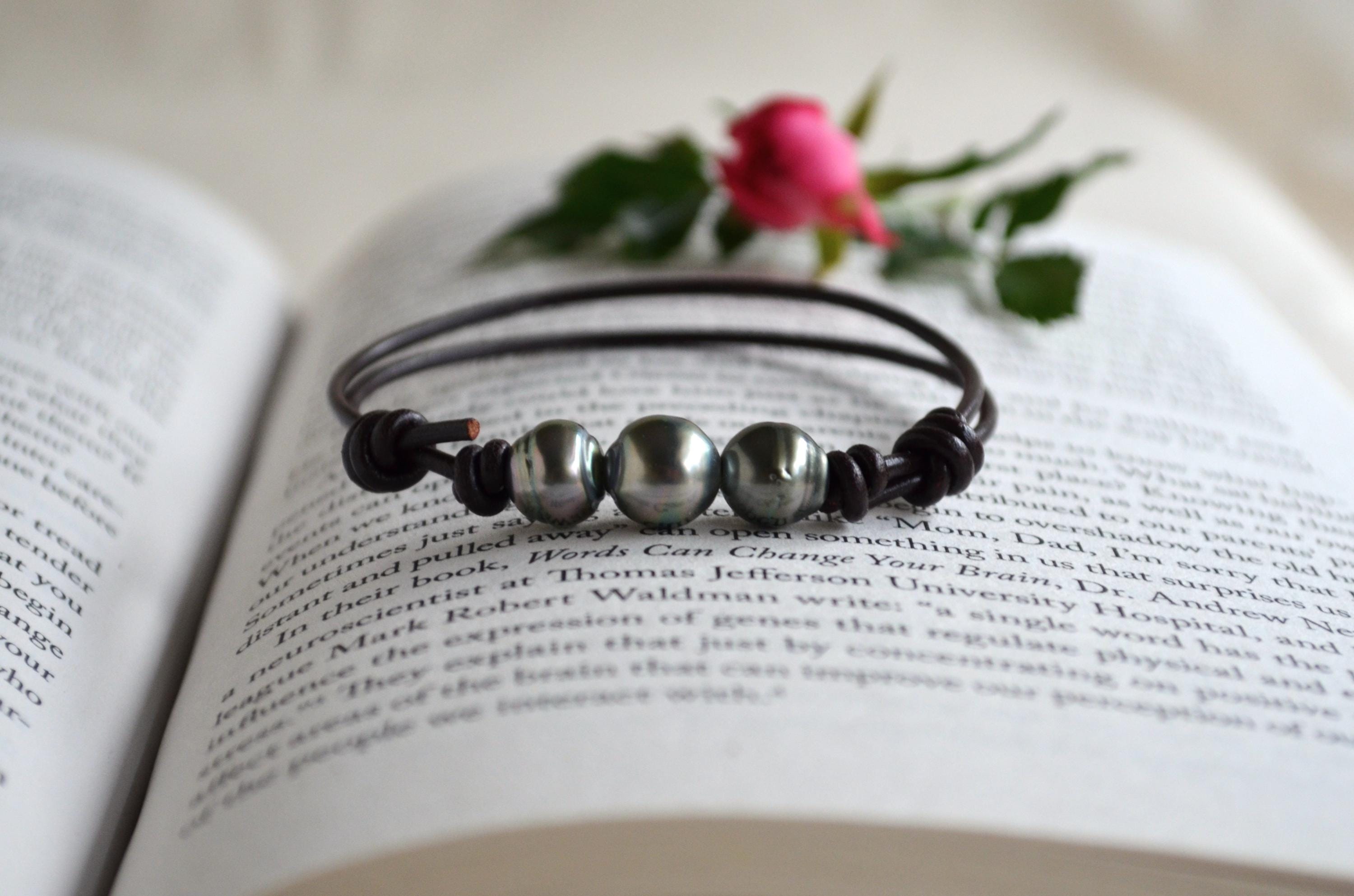 Three Tahitian Pearls Bracelet: Adjustable Dark Brown Greek Leather, Elegant Jewelry, Unisex