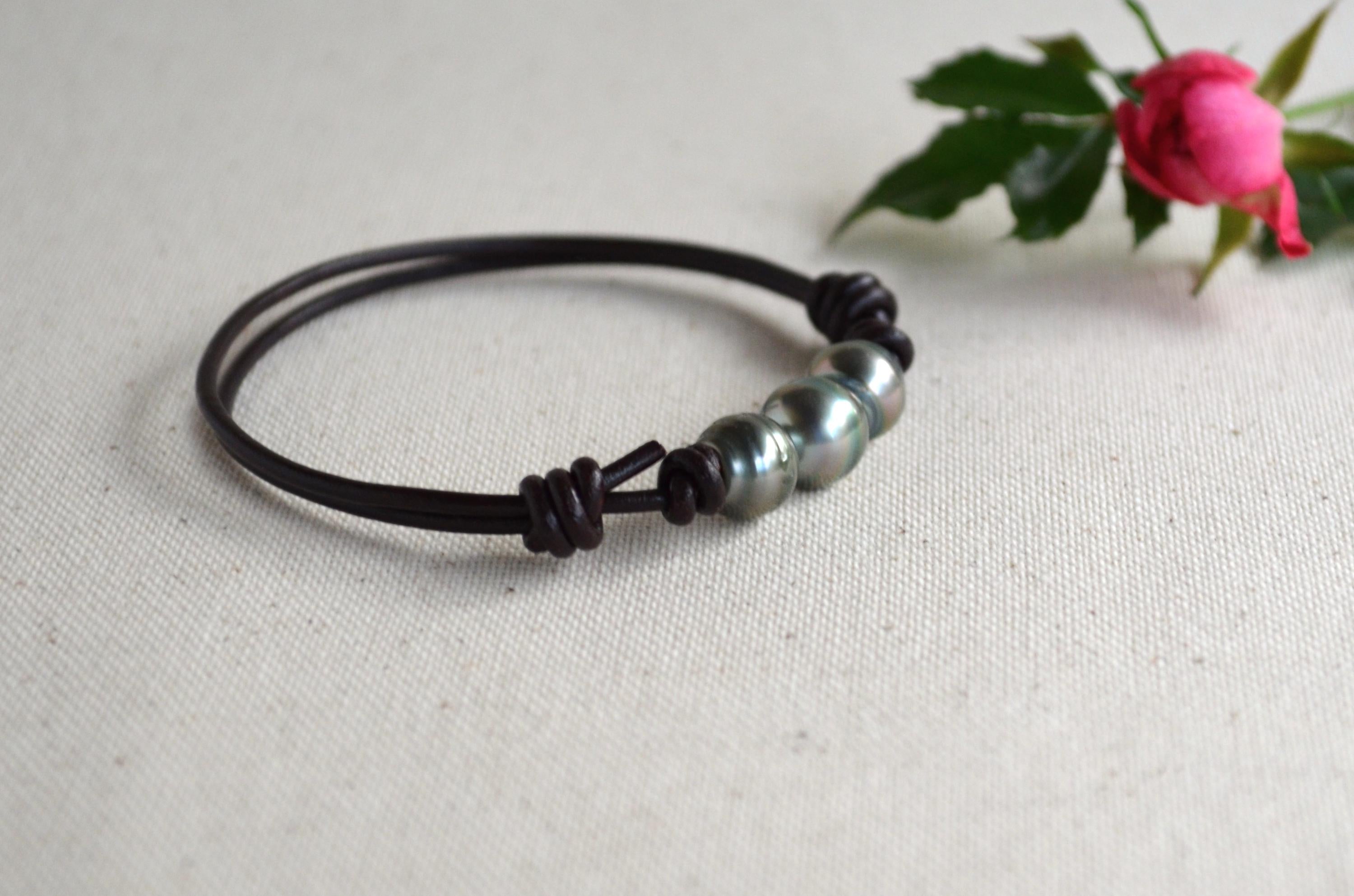 Three Tahitian Pearls Bracelet: Adjustable Dark Brown Greek Leather, Elegant Jewelry, Unisex