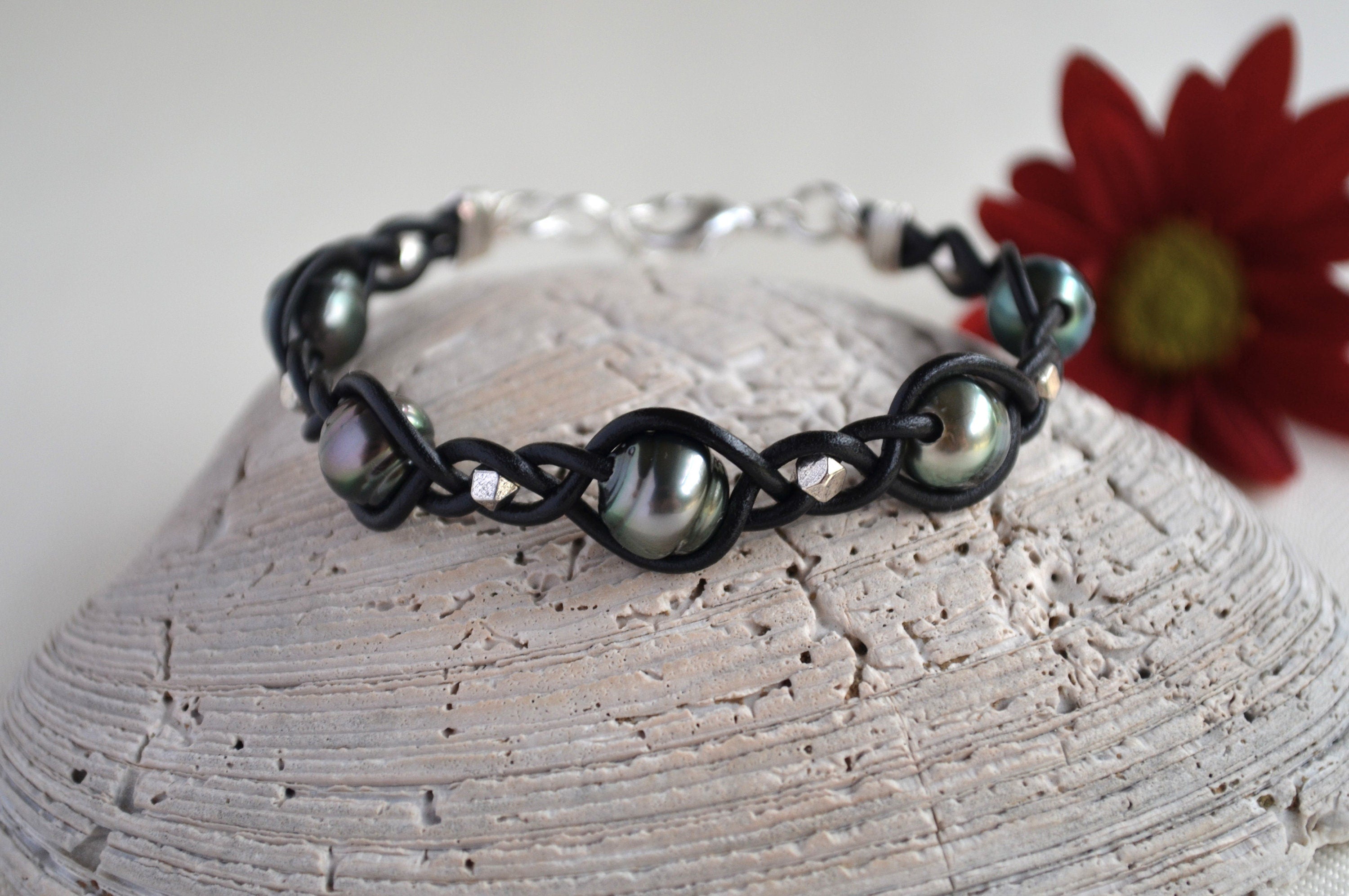 Tahitian Pearl Bracelet: Black Leather Boho Cuff