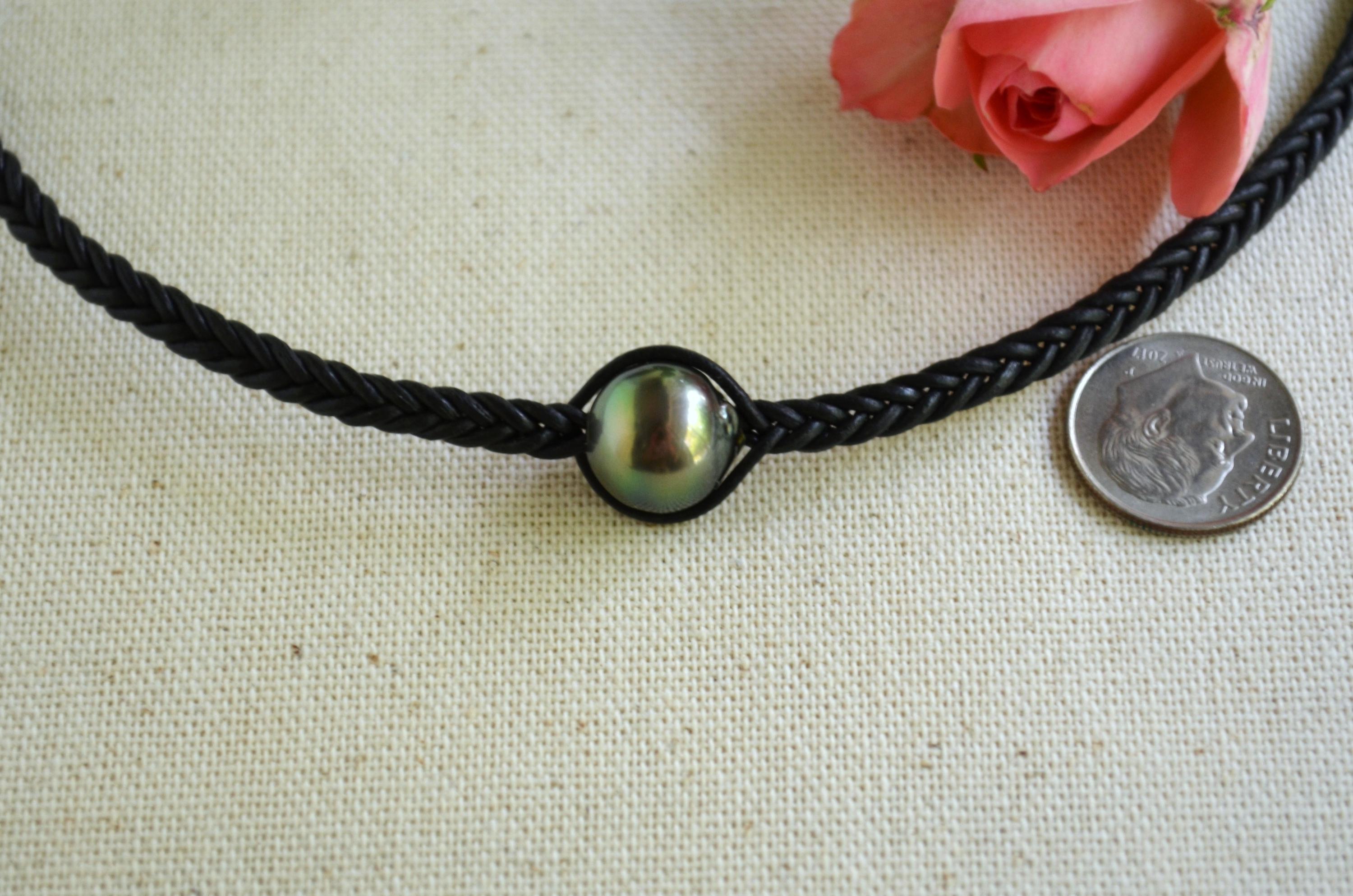 Tahitian Pearl Necklace, Braided Leather Cord, Minimalist Luxury Jewelry