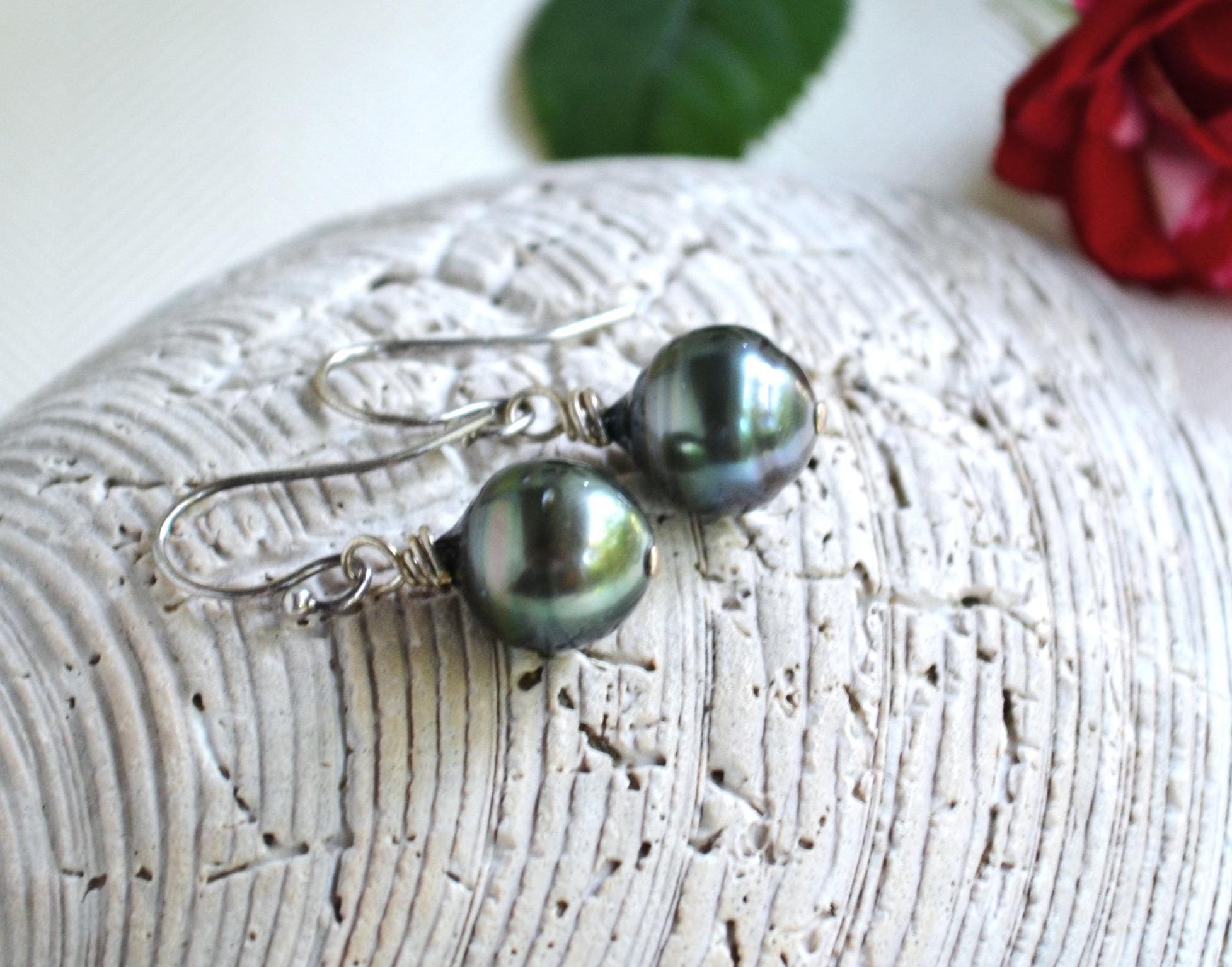 Tahitian Pearl Dangle Earrings: Sterling Silver, Handmade Jewelry