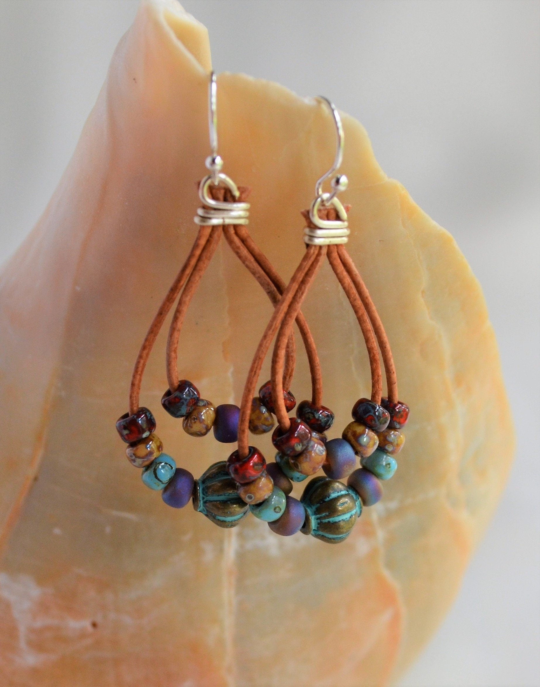 Beaded Leather Earrings, Patina Picasso Beads, Boho Dangle
