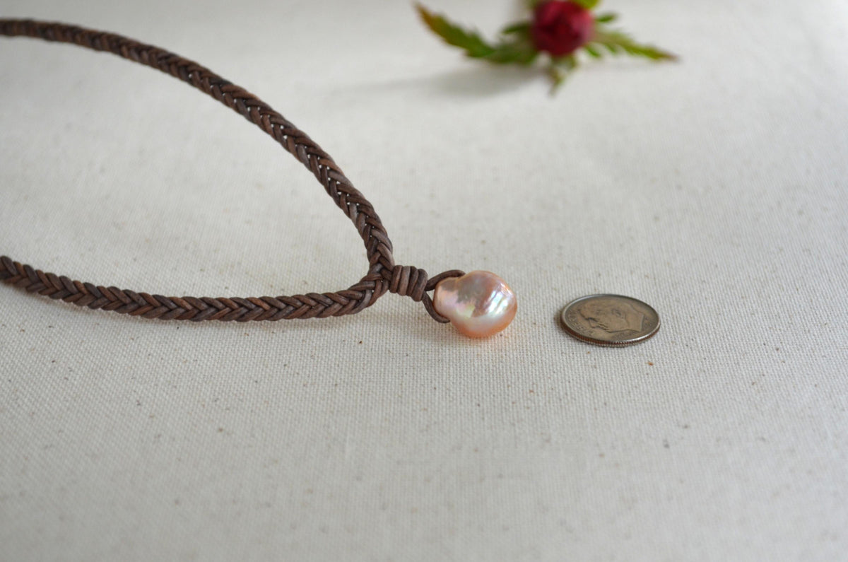 Baroque Edison Pearl Necklace on Braided Leather, Pink Pearl Pendant 12x15 mm, Organic Shape, Minimalist Statement, 16” + Extender