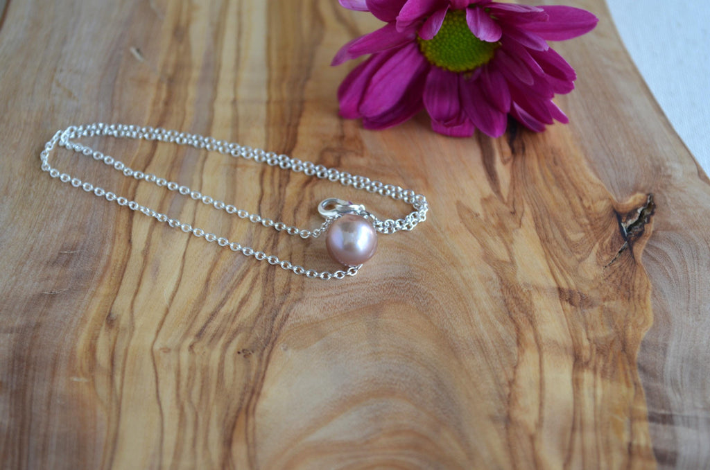 Mauve Pink Edison Pearl Necklace - Handmade Silver Pendant