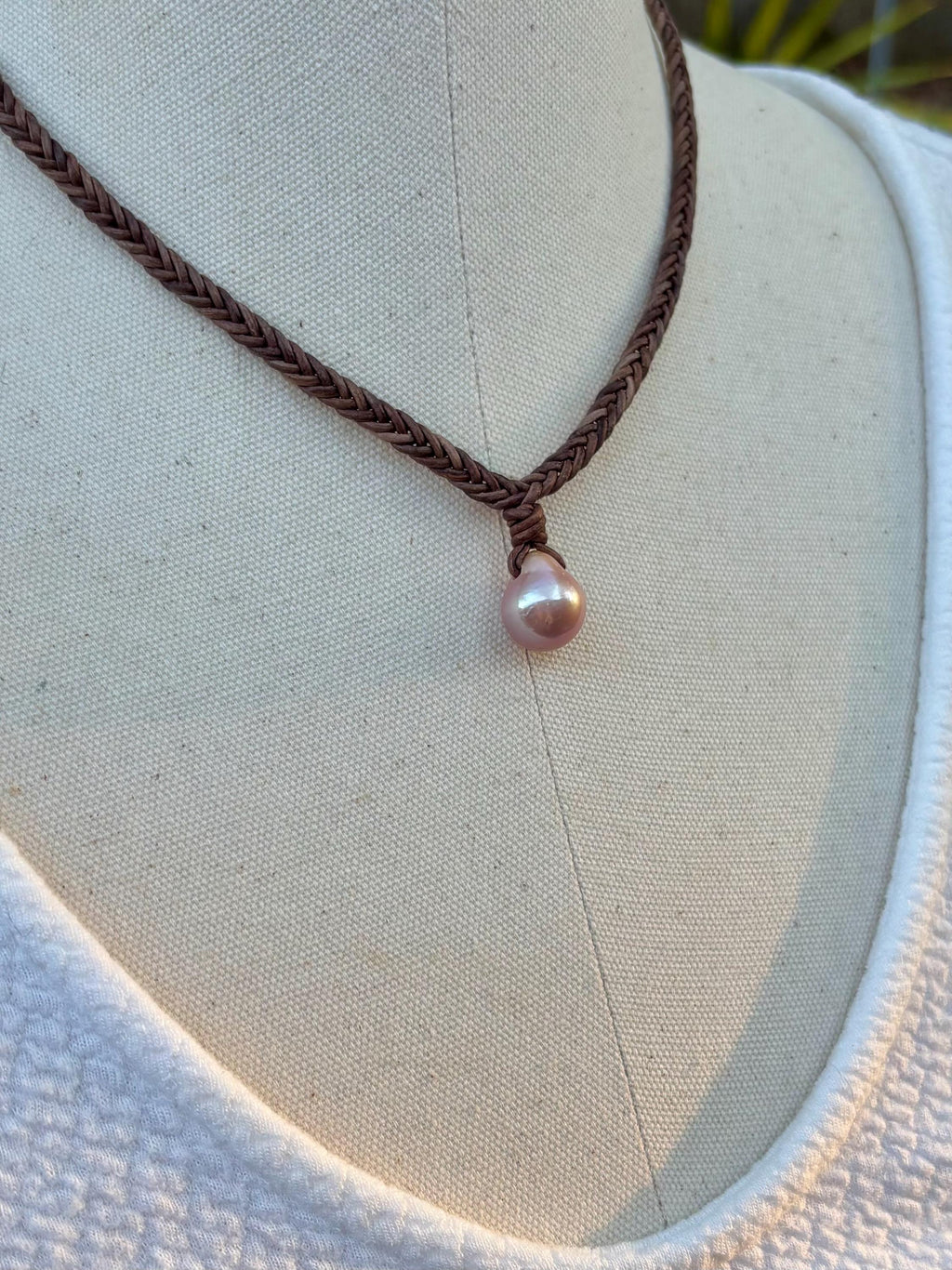 Edison Pearl Leather Necklace: Pink Mauve Baroque Pendant, Hand Braided Cord
