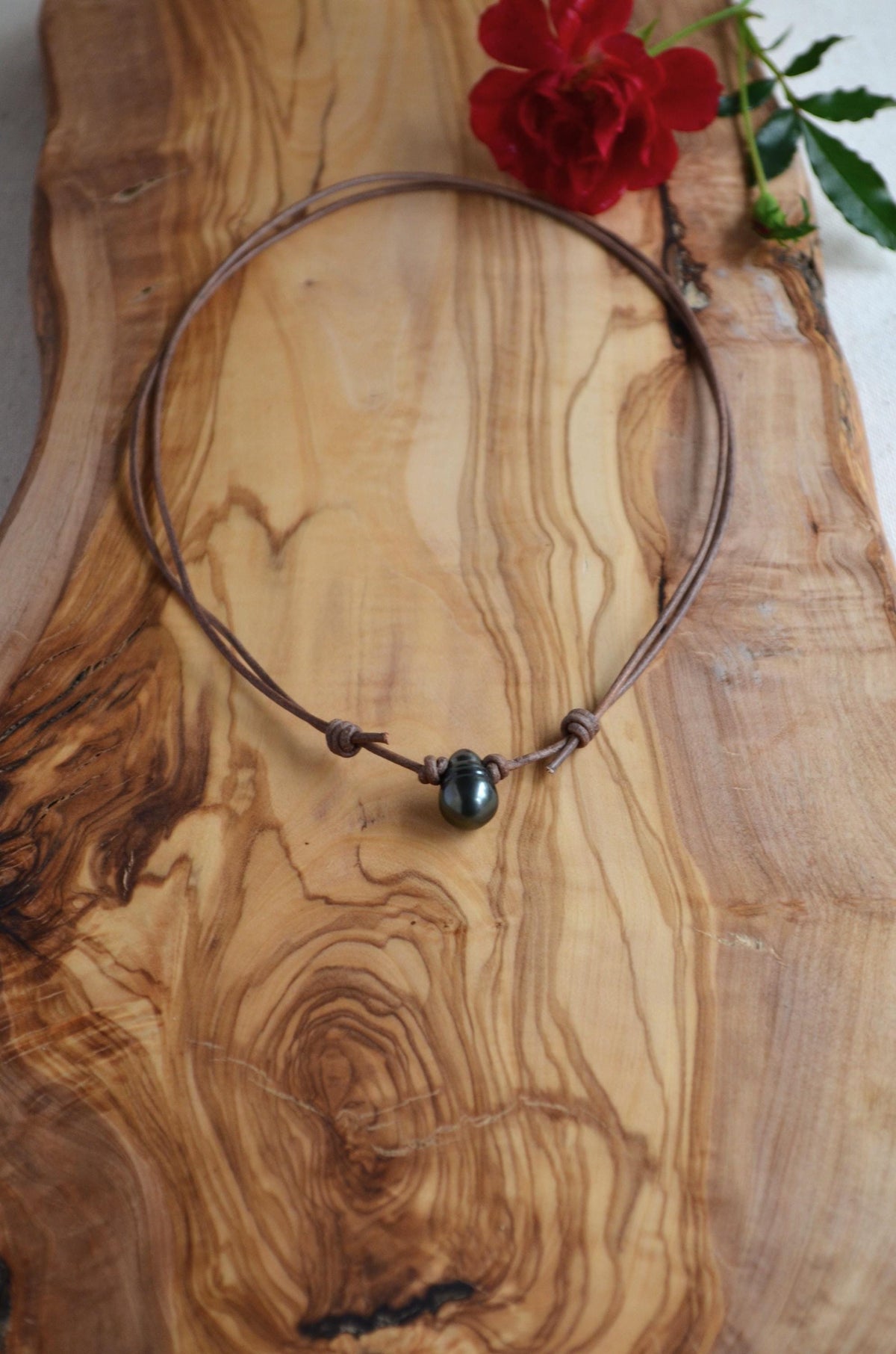 Tahitian Drop Pearl Necklace: Brown Grey Leather Adjustable Necklace