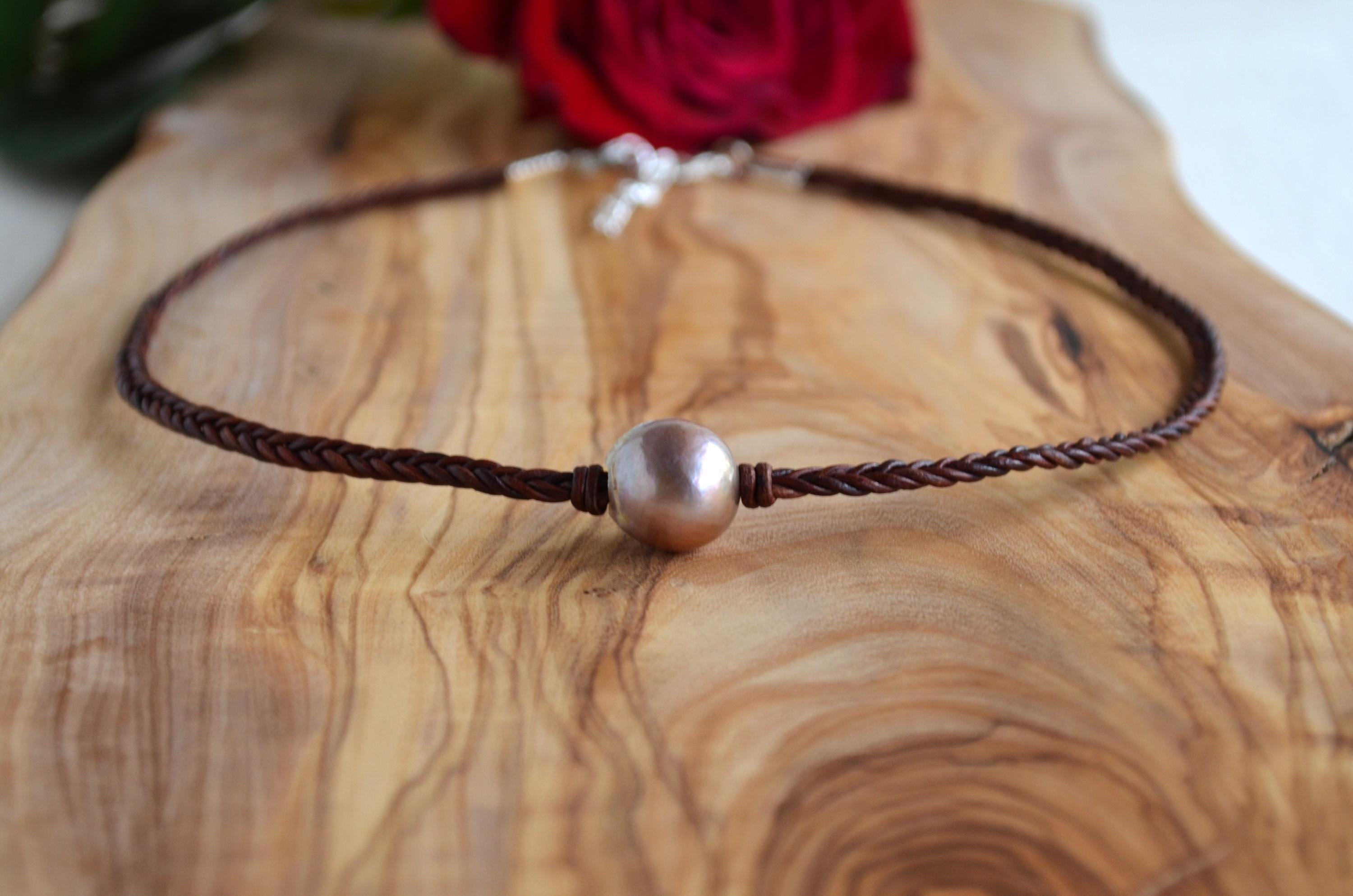 Mauve Pink Edison Pearl on Hand Braided Leather Five Cords Women's Short Necklace