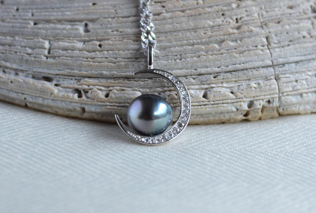 Tahitian Pearl Necklace: Sterling Silver Crescent Moon Pendant, CZ Accents