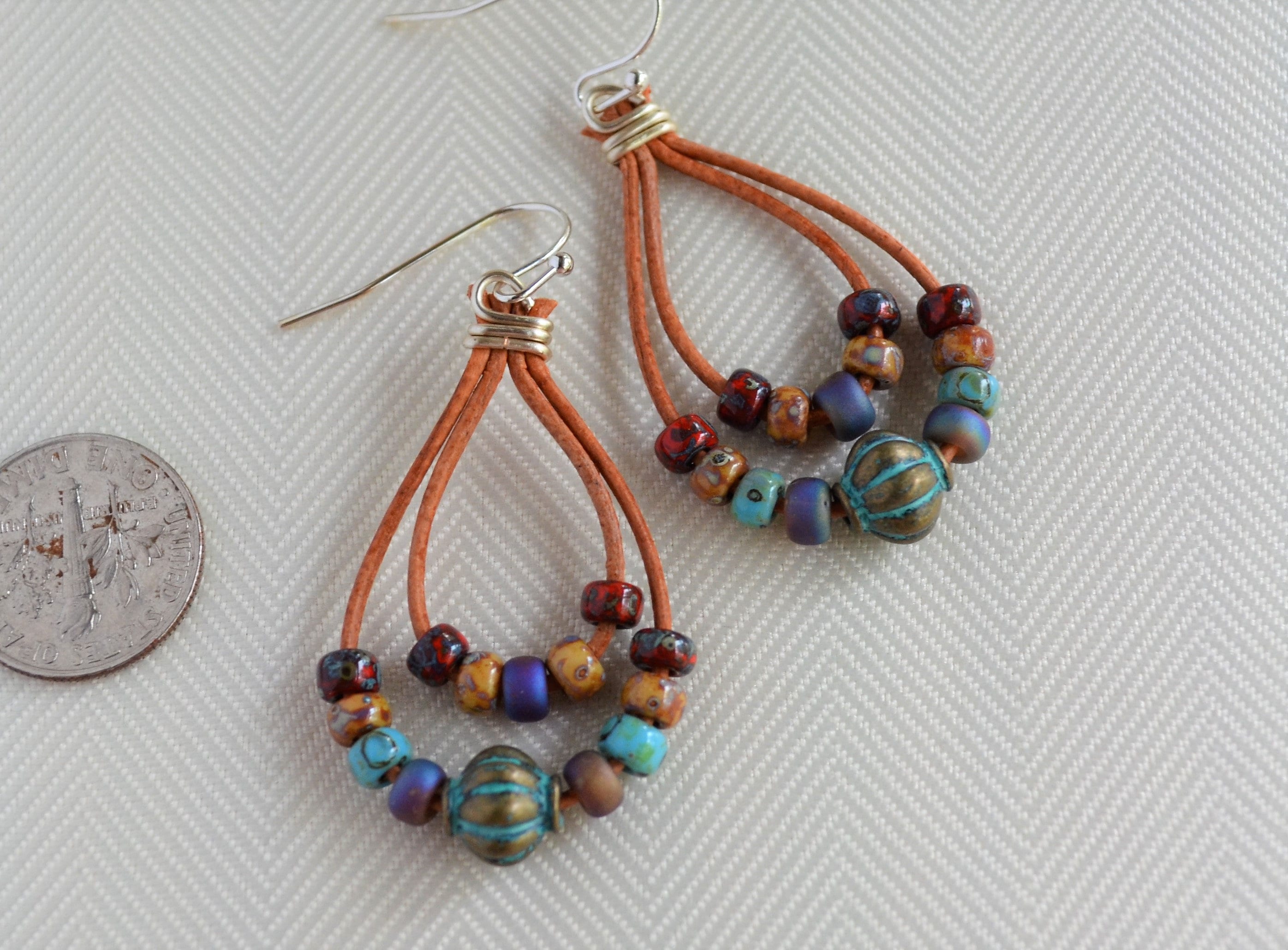 Beaded Leather Earrings, Patina Picasso Beads, Boho Dangle