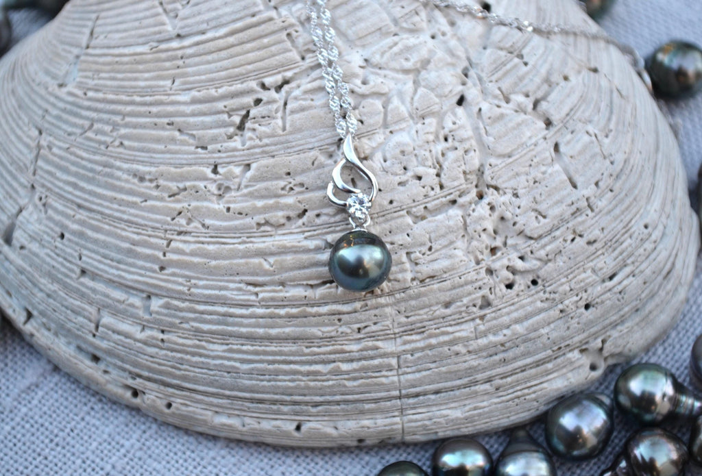 Tahitian Pearl Necklace: Sterling Silver Pendant, Cubic Zirconia Accent
