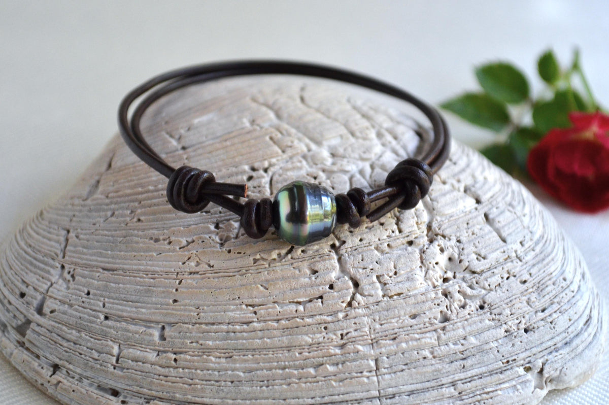 Tahitian Pearl Bracelet: Brown Greek Leather Adjustable Unisex Jewelry