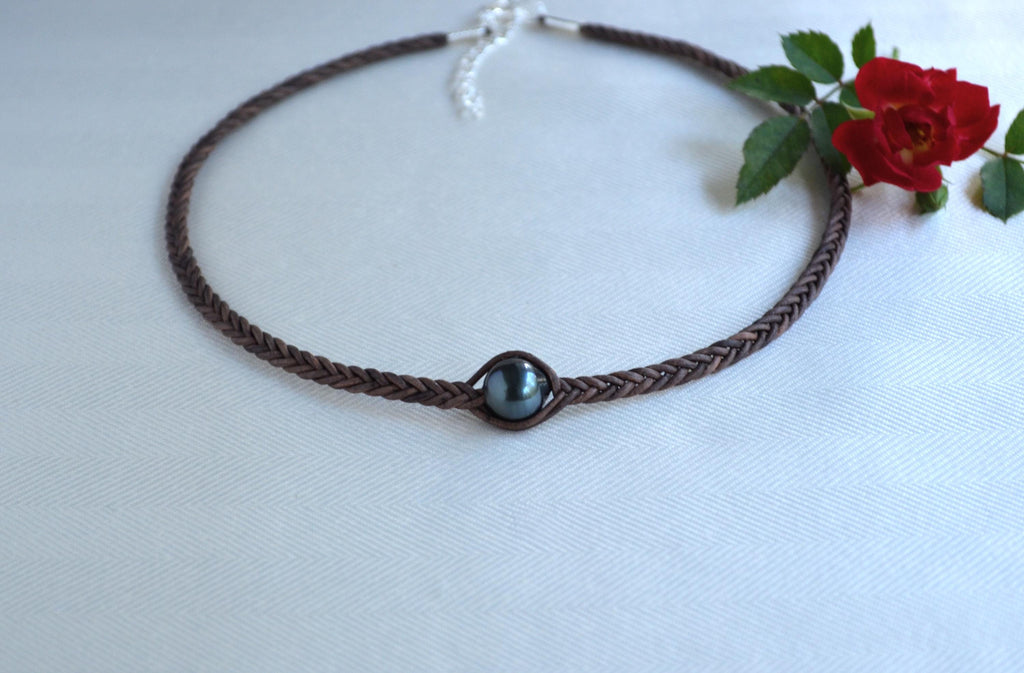 Tahitian Pearl Choker: Braided Leather Necklace, Elegant Handmade Jewelry