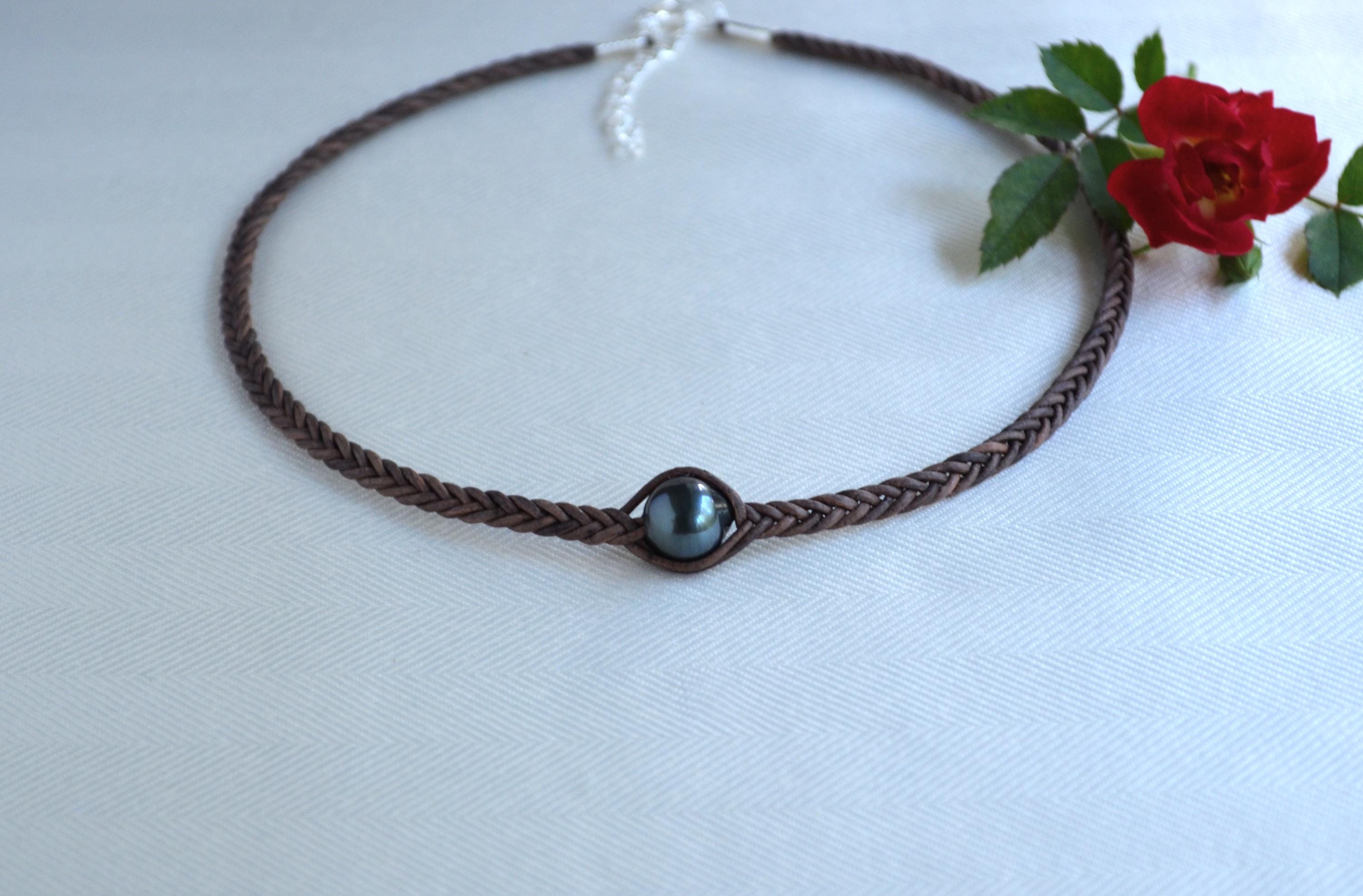 Tahitian Pearl Choker: Braided Leather Necklace, Elegant Handmade Jewelry