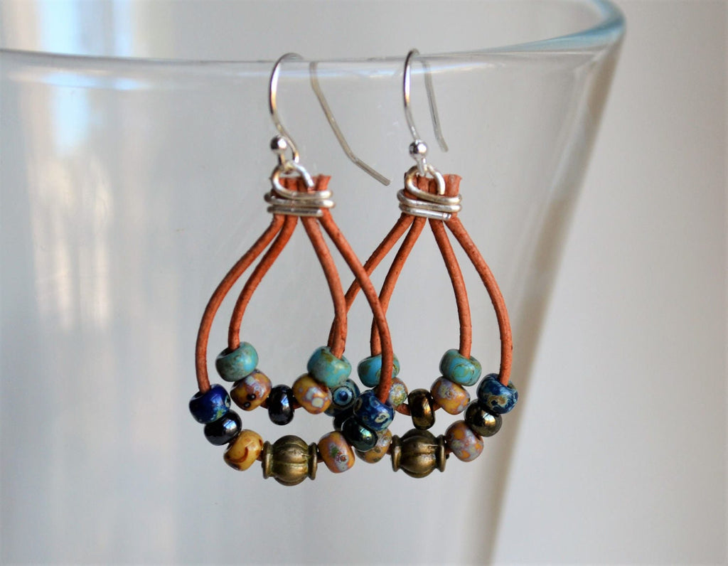 Picasso Leather Dangle Earrings: Boho Miyuki Bead Jewelry