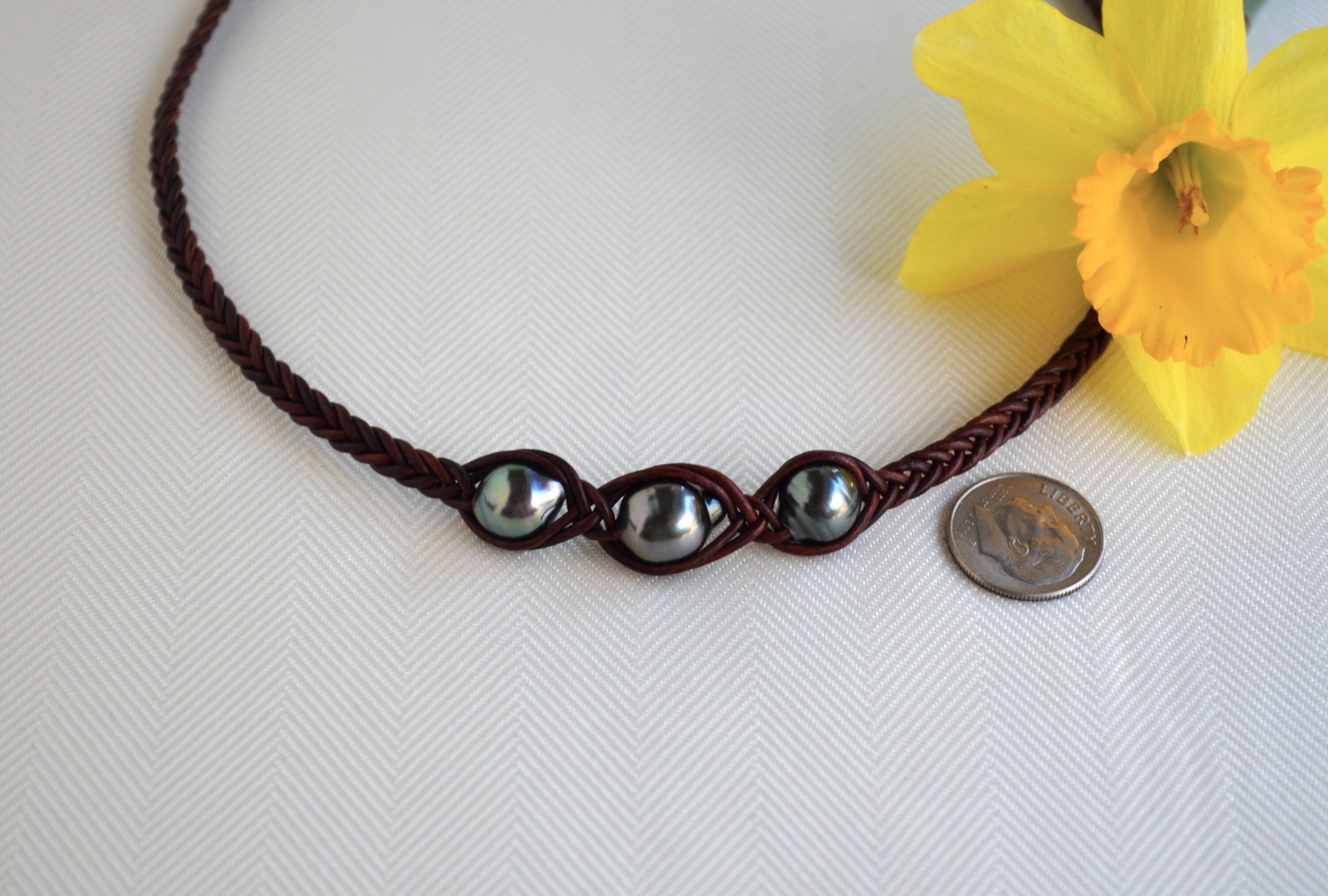 Three Tahitian Pearl Necklace: Braided Leather, Elegant Jewelry