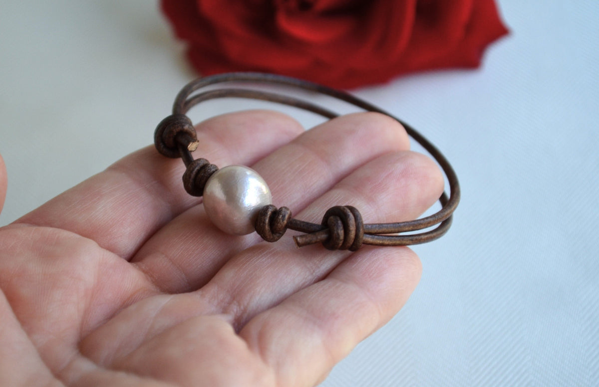 Edison Pearl Bracelet: Adjustable Greek Leather Jewelry
