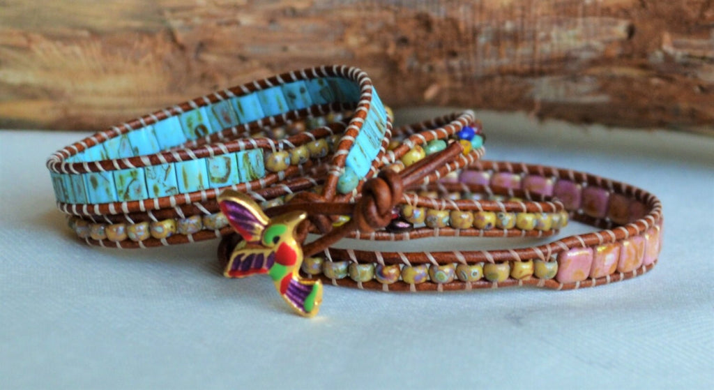 Hummingbird Leather Wrap Bracelet: Picasso Bead Boho Jewelry