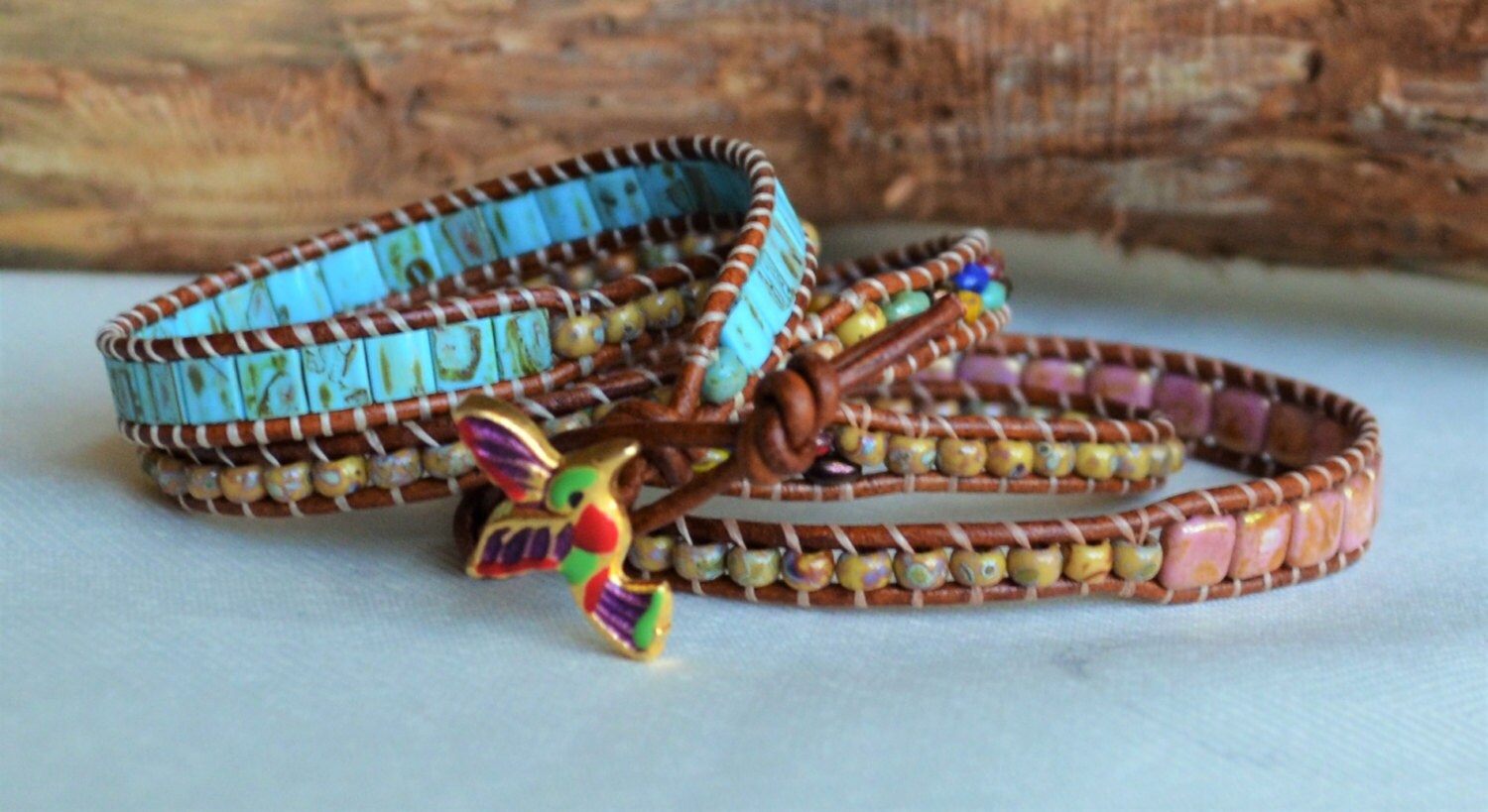 Hummingbird Leather Wrap Bracelet: Picasso Bead Boho Jewelry