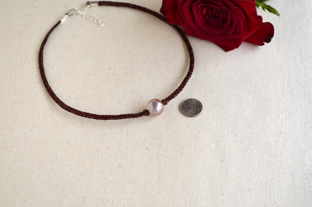 Mauve Pink Edison Pearl on Hand Braided Leather Five Cords Women's Short Necklace