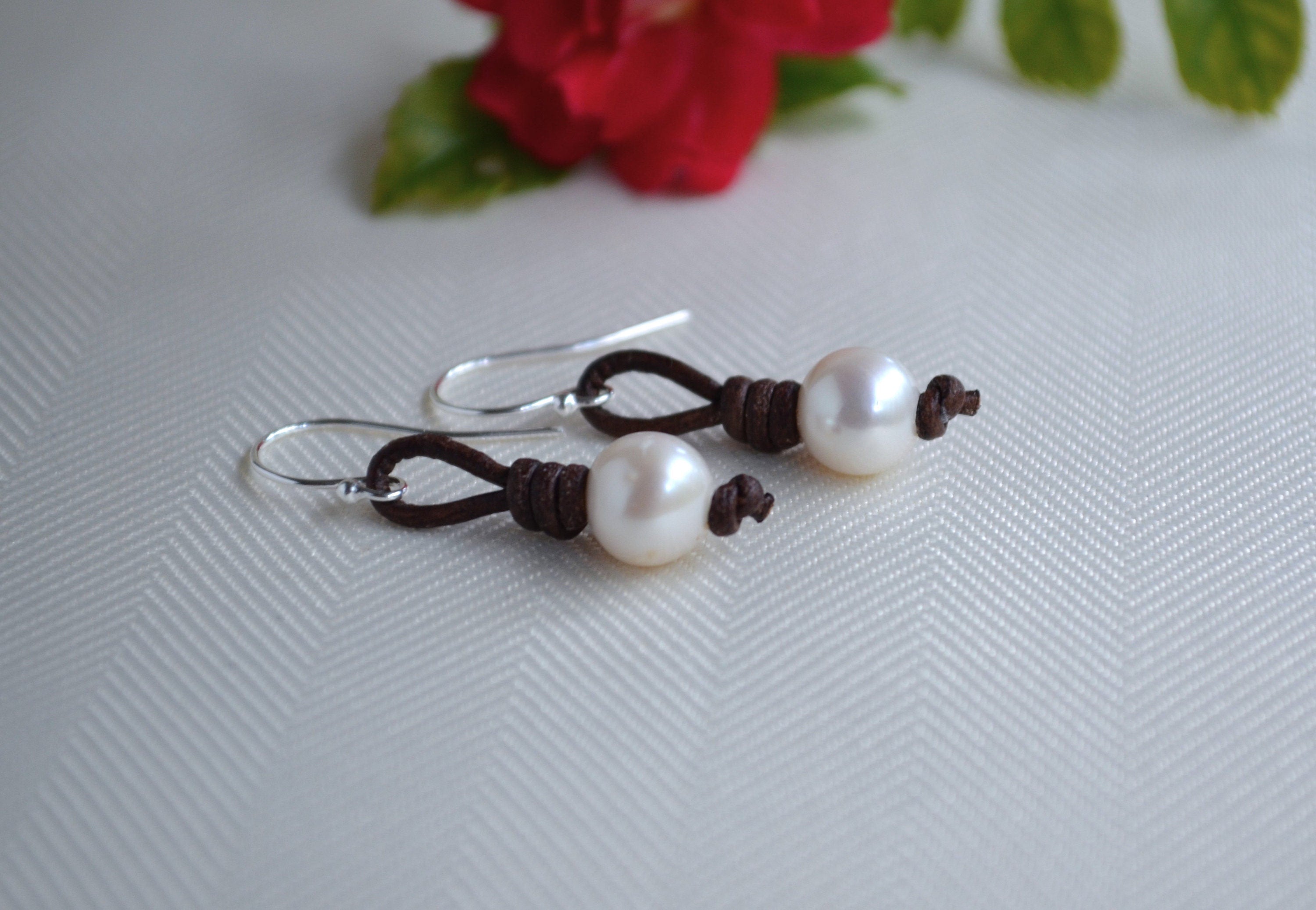 Handmade Pearl Leather Earrings: Dangle Freshwater Pearl Jewelry