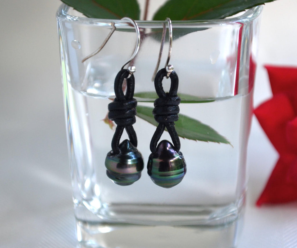 Tahitian Pearl Earrings, Sterling Silver, Black Leather Boho Jewelry