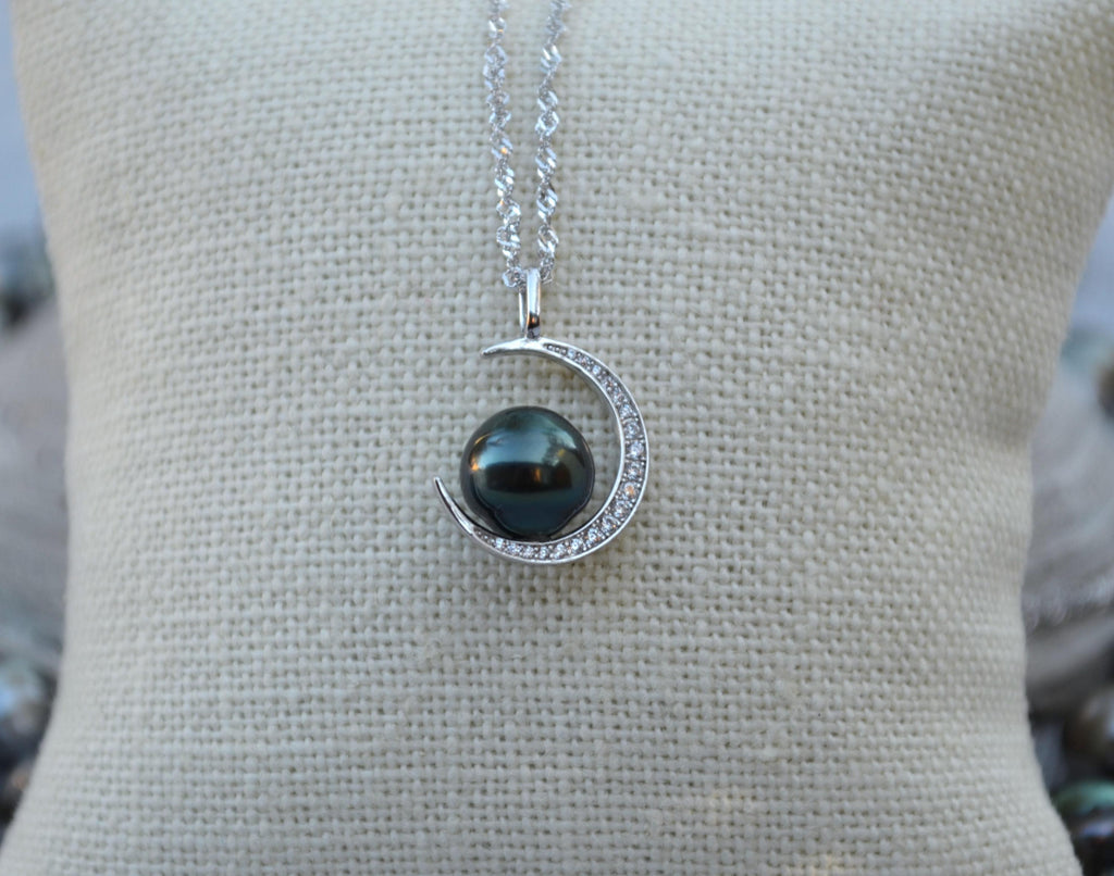 Tahitian Pearl Necklace: Sterling Silver Crescent Moon Pendant, CZ Accents