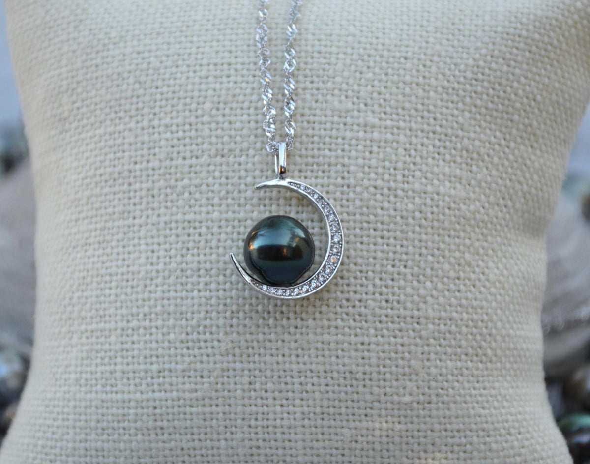 Tahitian Pearl Necklace: Sterling Silver Crescent Moon Pendant, CZ Accents
