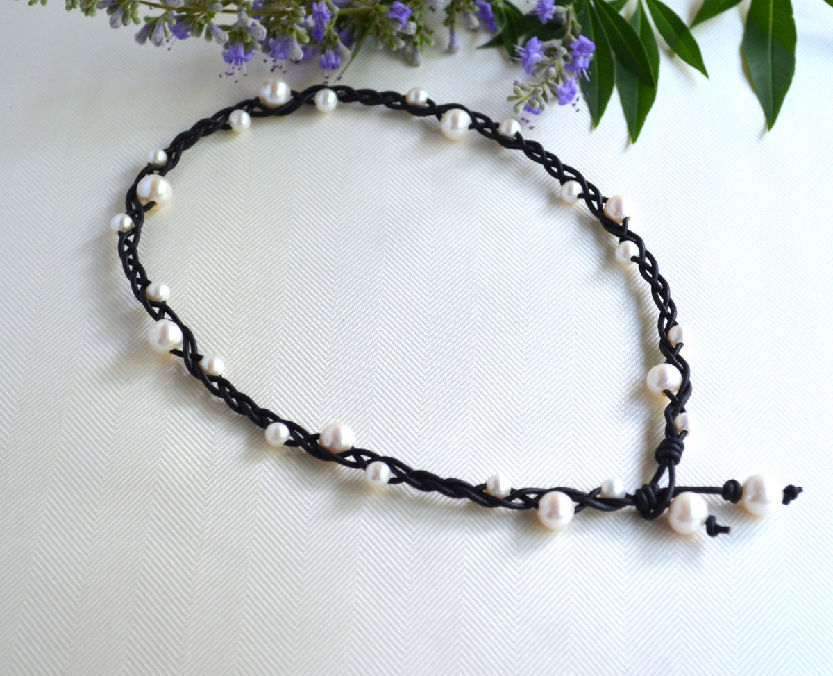 Braided Leather Necklace: White Freshwater Pearls, Boho Chic