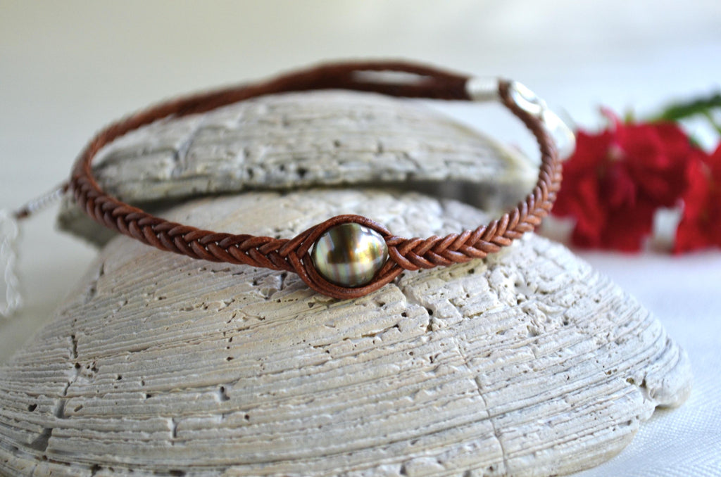 Chocolate Tahitian Pearl Choker: Braided Leather Necklace
