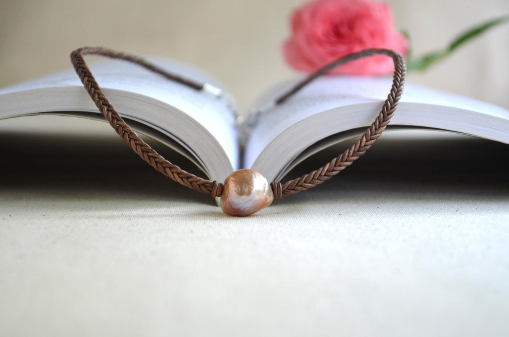 Edison Pearl Necklace: Hand-Braided 5-Cord Leather, Baroque Statement Jewelry Gift for Her