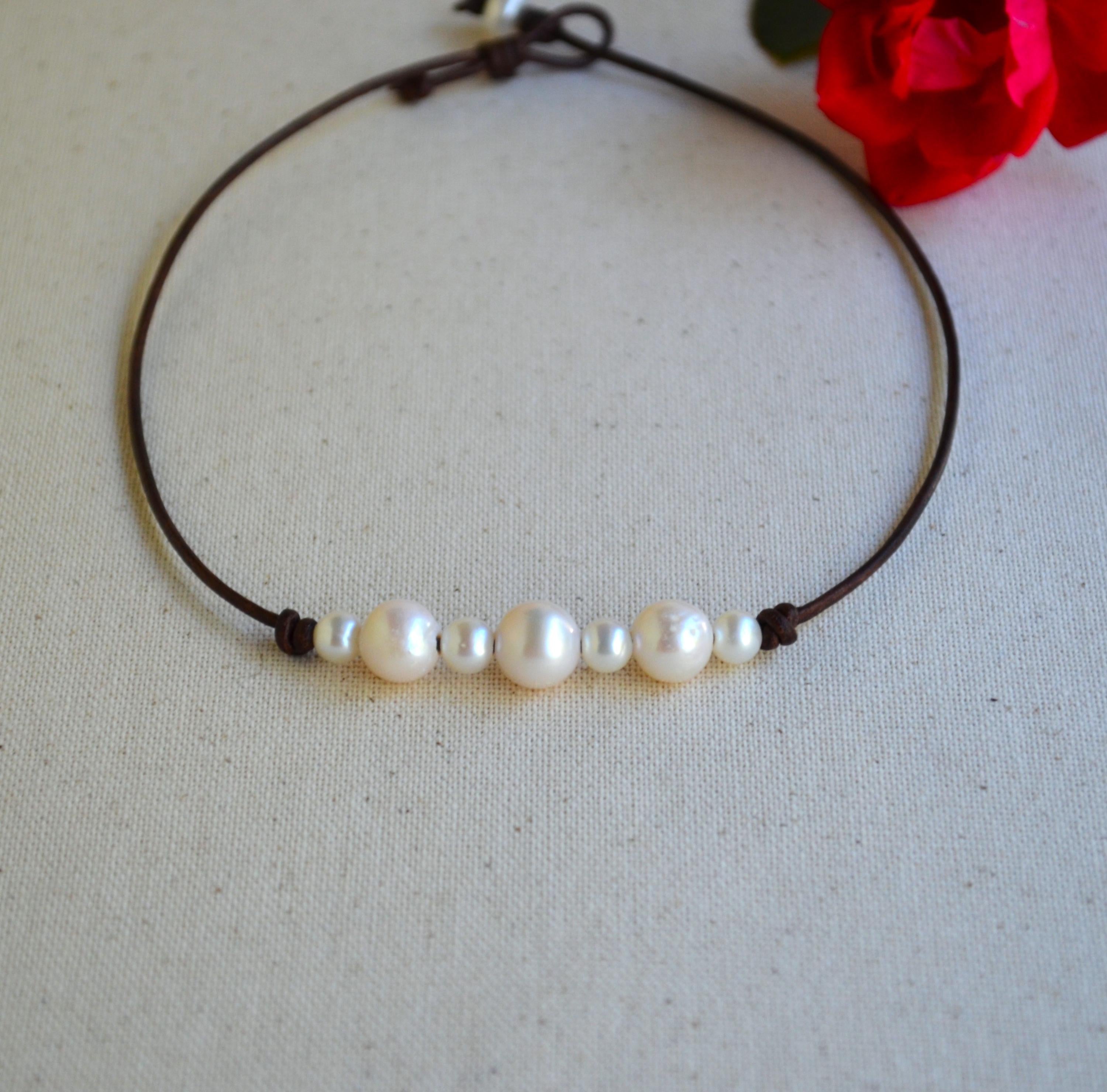 Pearls on Leather Necklace/Choker for Women, White Freshwater Pearls, Boho Chic