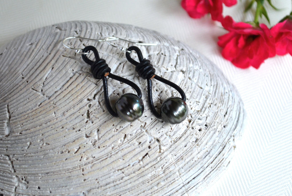 Tahitian Pearl Earrings: Sterling Silver, Black Leather Dangle Earrings