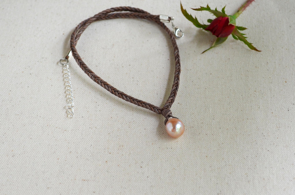 Edison Pearl Leather Necklace, Hand Braided 5-Cord Necklace, Pink Pearl Pendant 12x15 mm, Minimalist Luxury, 16” long + 2" Extender