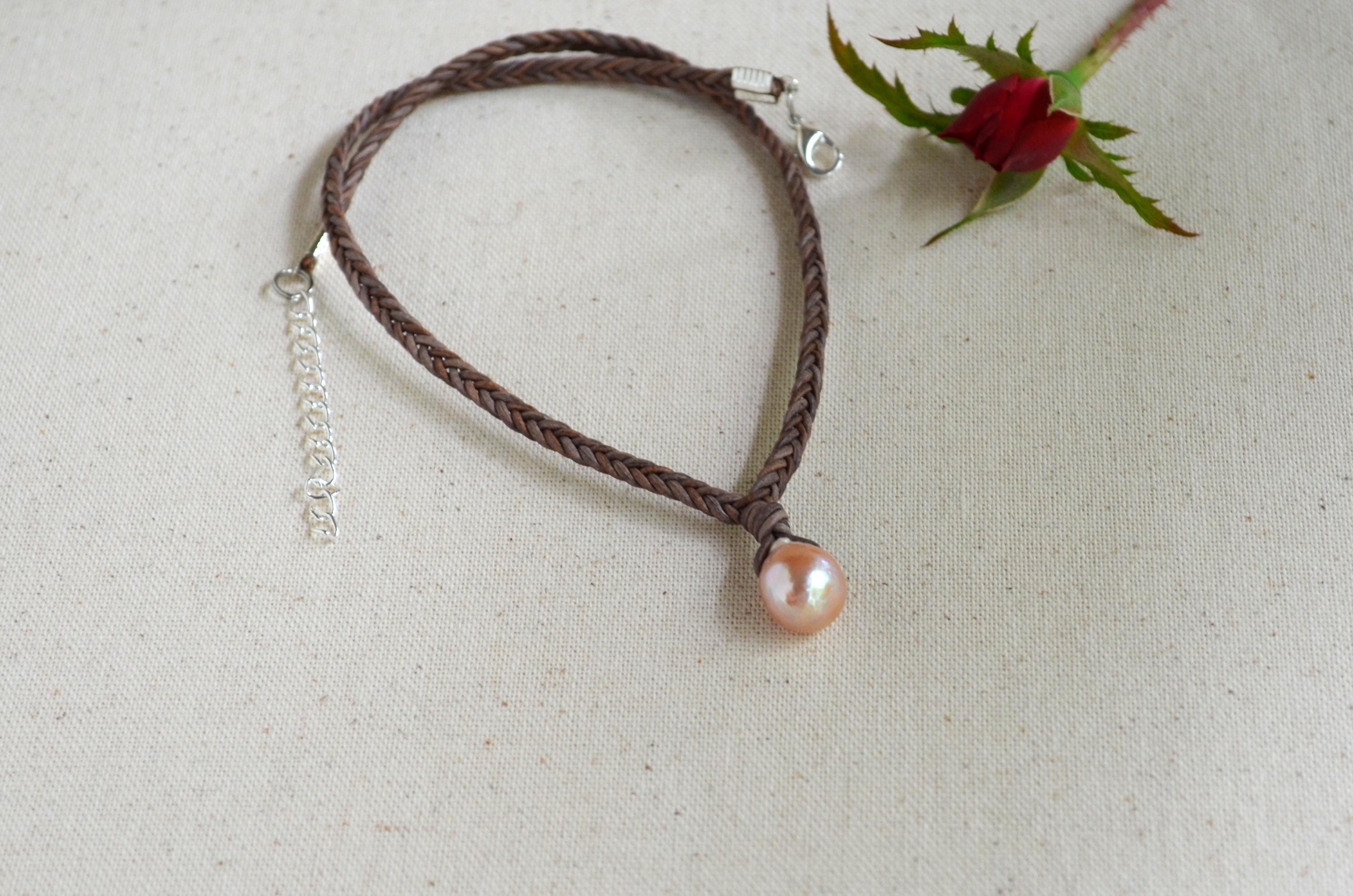 Edison Pearl Leather Necklace, Hand Braided 5-Cord Necklace, Pink Pearl Pendant 12x15 mm, Minimalist Luxury, 16” long + 2" Extender