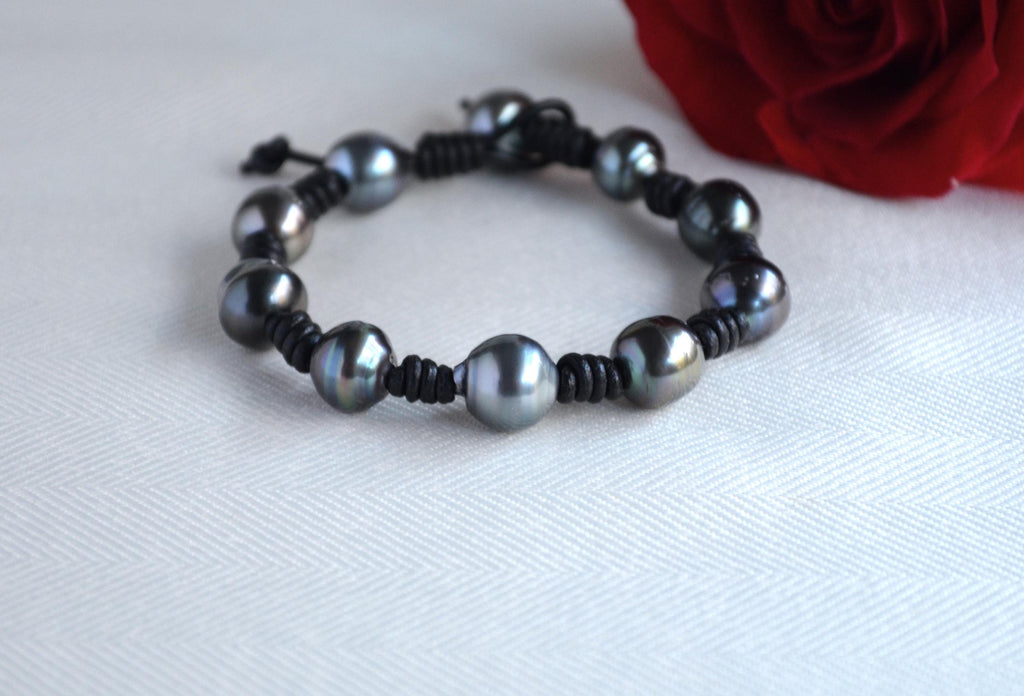 Tahitian Pearl Bracelet: Black Greek Leather, Boho Jewelry