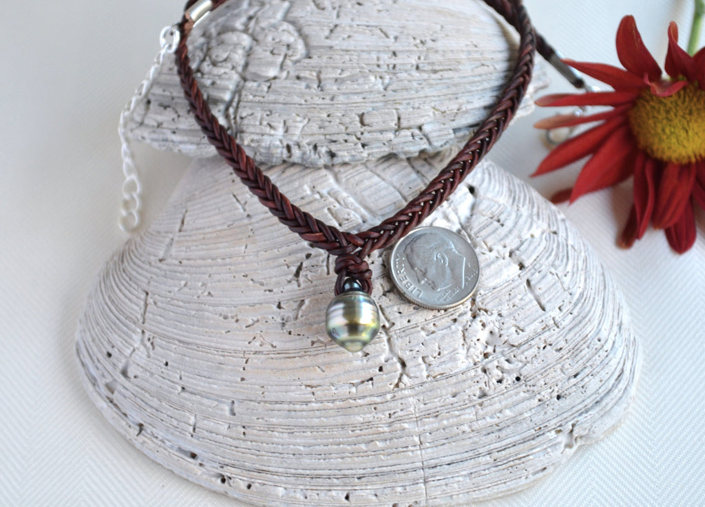Tahitian Teardrop Pearl Leather Short Necklace for Women, Hand Braided Leather Necklace
