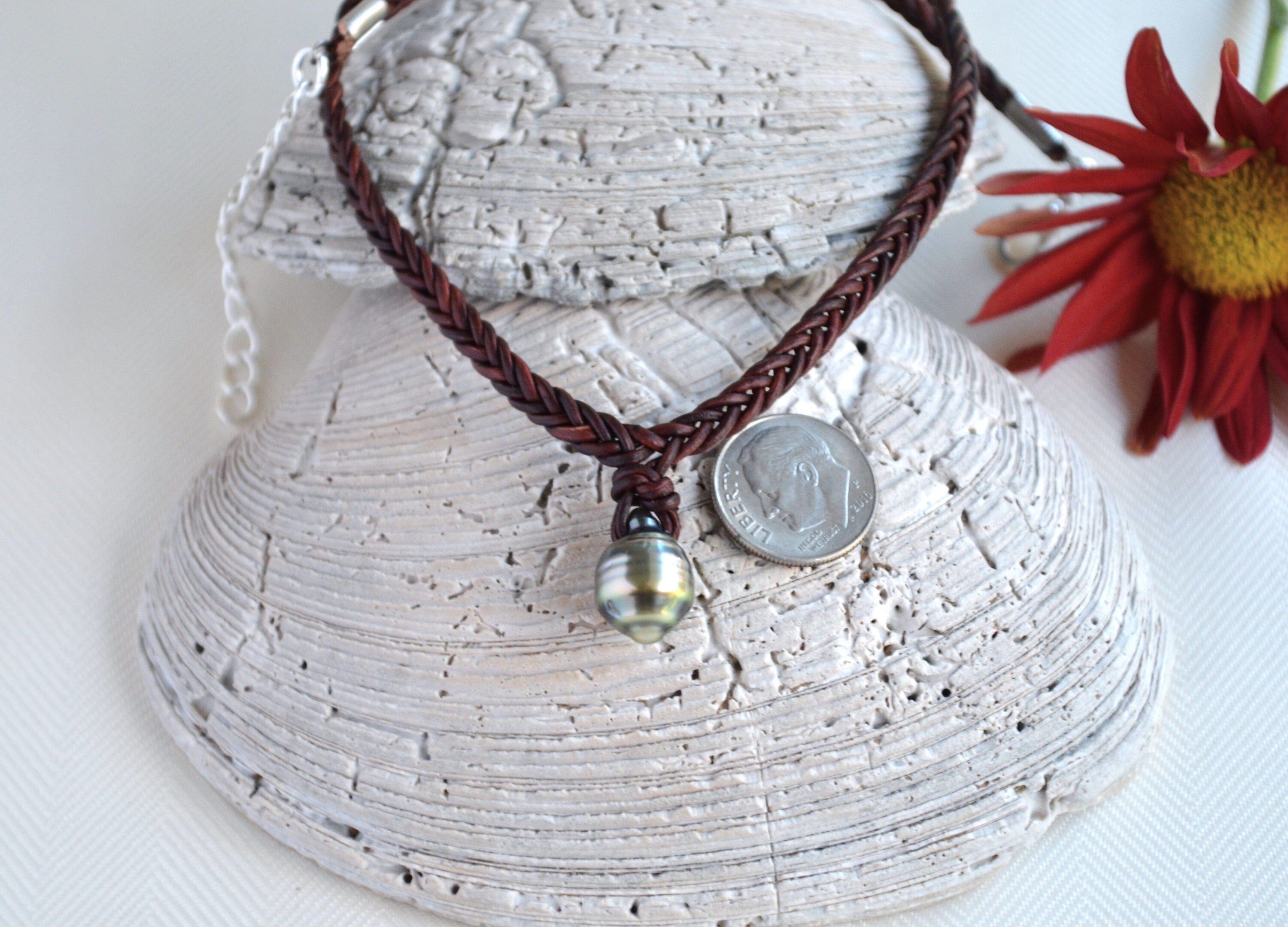 Tahitian Teardrop Pearl Leather Short Necklace for Women, Hand Braided Leather Necklace