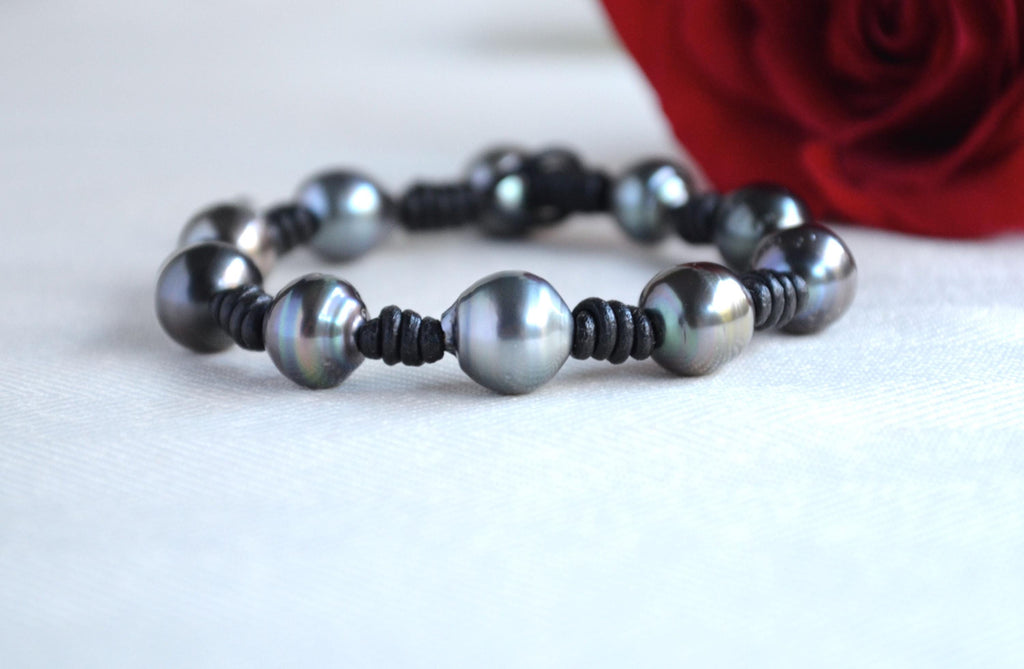 Tahitian Pearl Bracelet: Black Greek Leather, Boho Jewelry