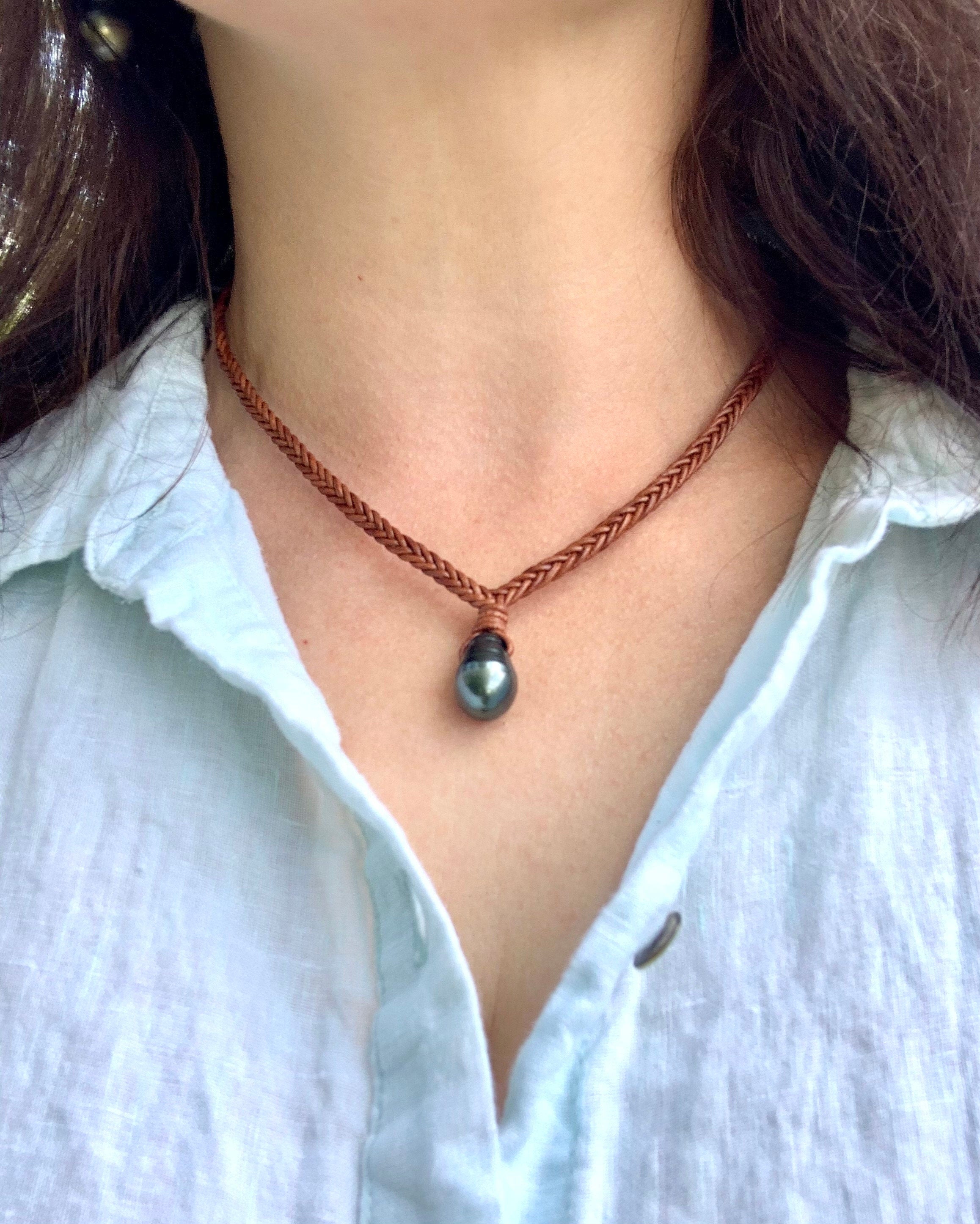 Tahitian Teardrop Pearl Leather Short Necklace for Women, Hand Braided Leather Necklace