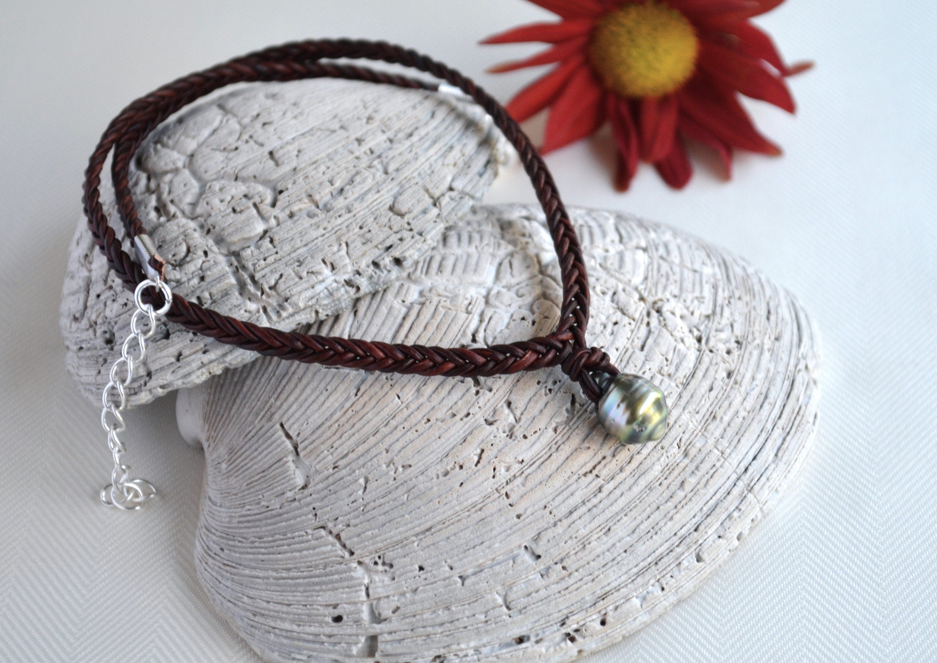 Tahitian Teardrop Pearl Leather Short Necklace for Women, Hand Braided Leather Necklace