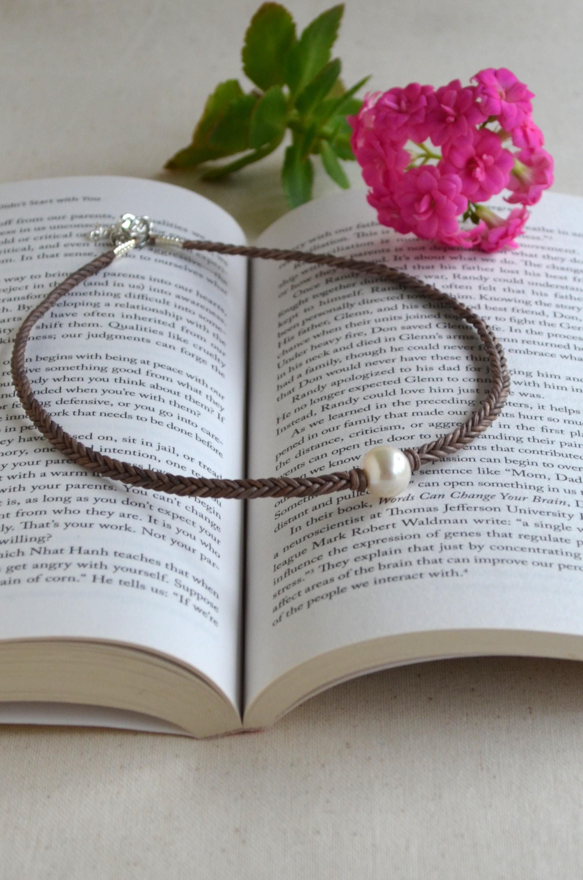 White Edison Pearl Necklace on Braided Leather | 12–13 mm Large Pearl