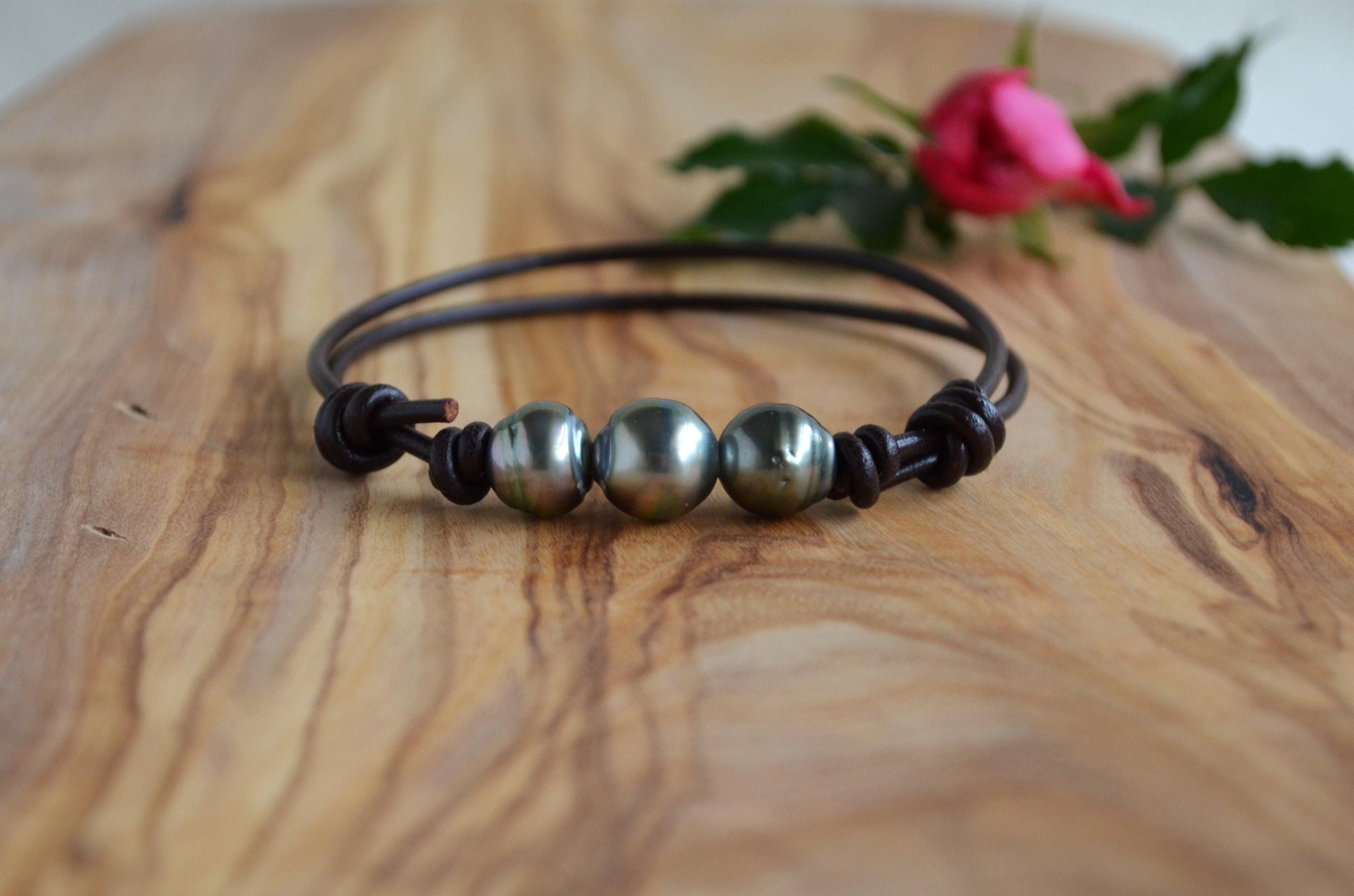 Three Tahitian Pearls Bracelet: Adjustable Dark Brown Greek Leather, Elegant Jewelry, Unisex