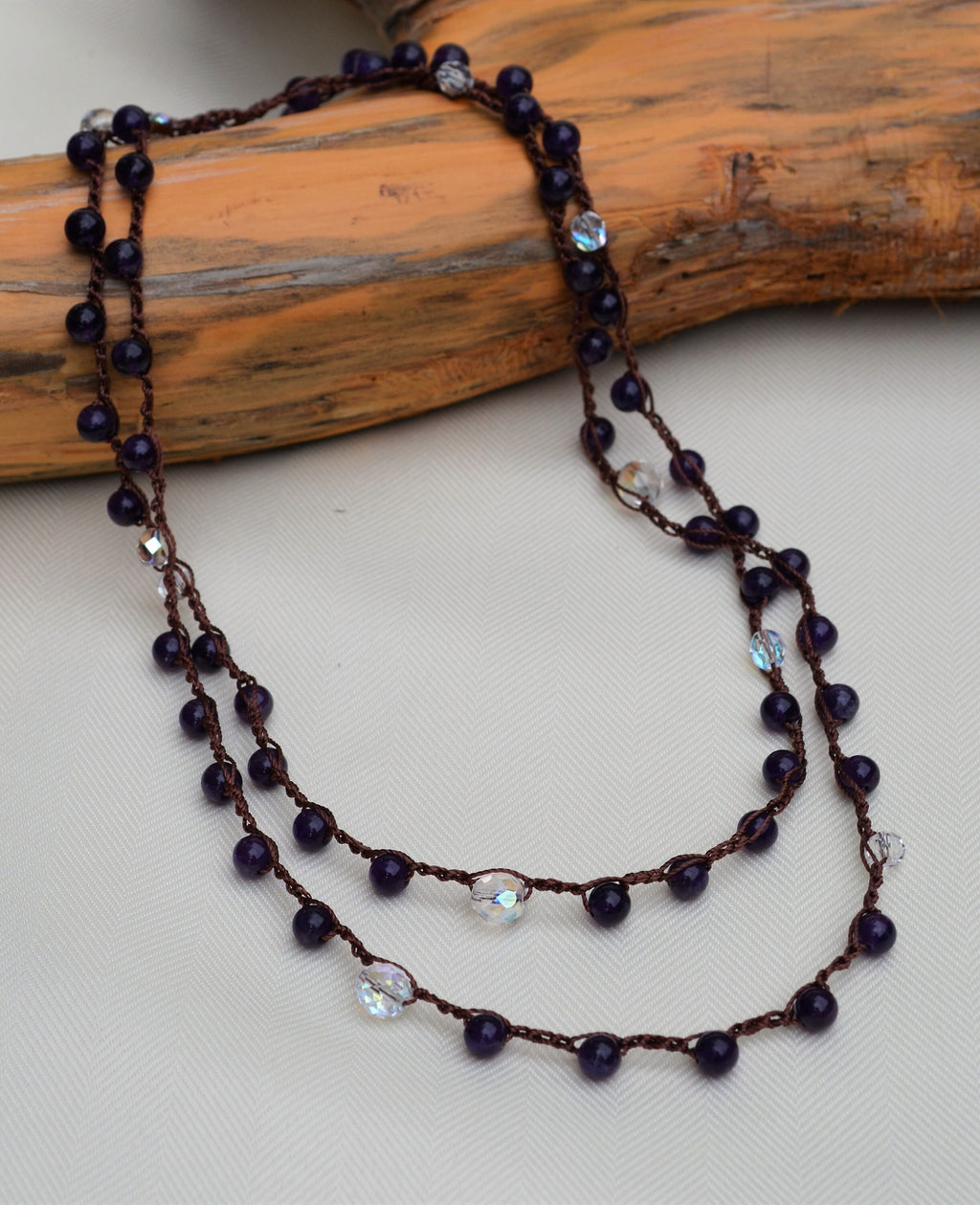 Long Amethyst Crochet Lariat Necklace: Layered Gemstone Jewelry