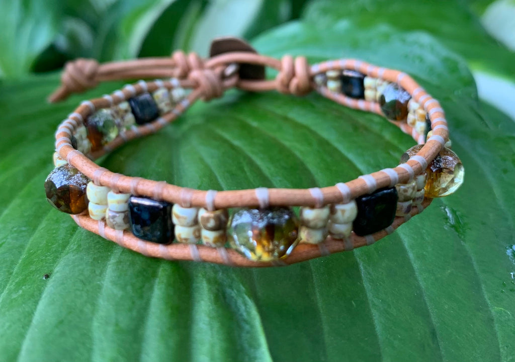 Beaded Leather Wrap Bracelet: Rustic Tree Button, Czech Beads