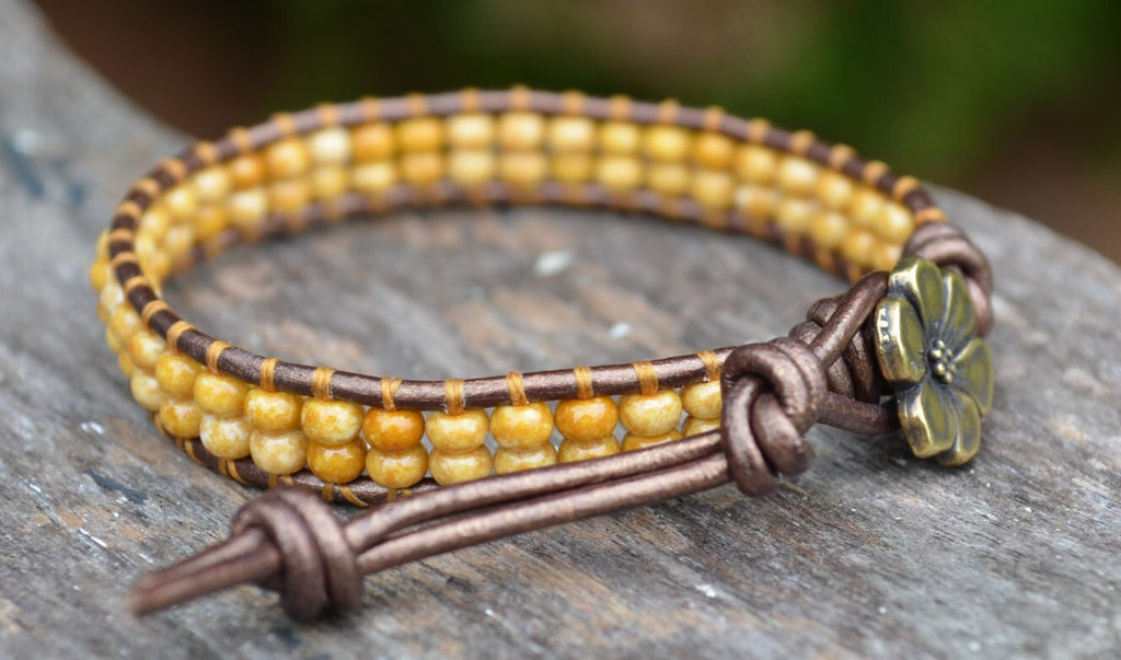 Handmade Leather Cuff Bracelet with Speckled Seed Beads, Gift for Her