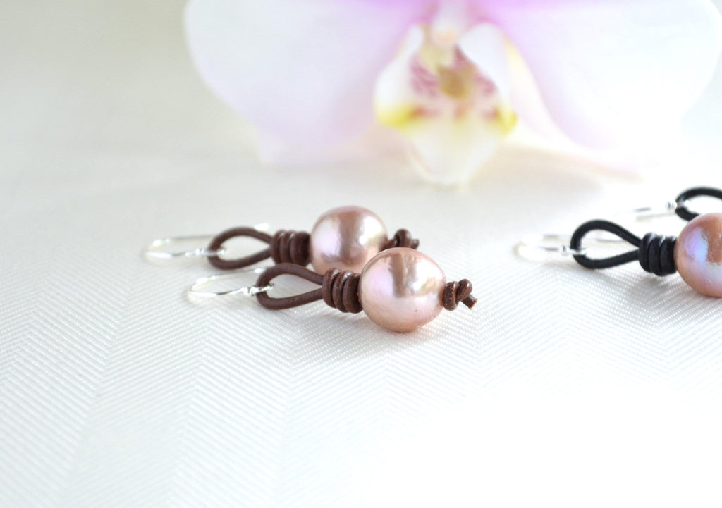 Edison Pearl Drop Earrings: Pink Freshwater Pearls, Sterling Silver & Leather